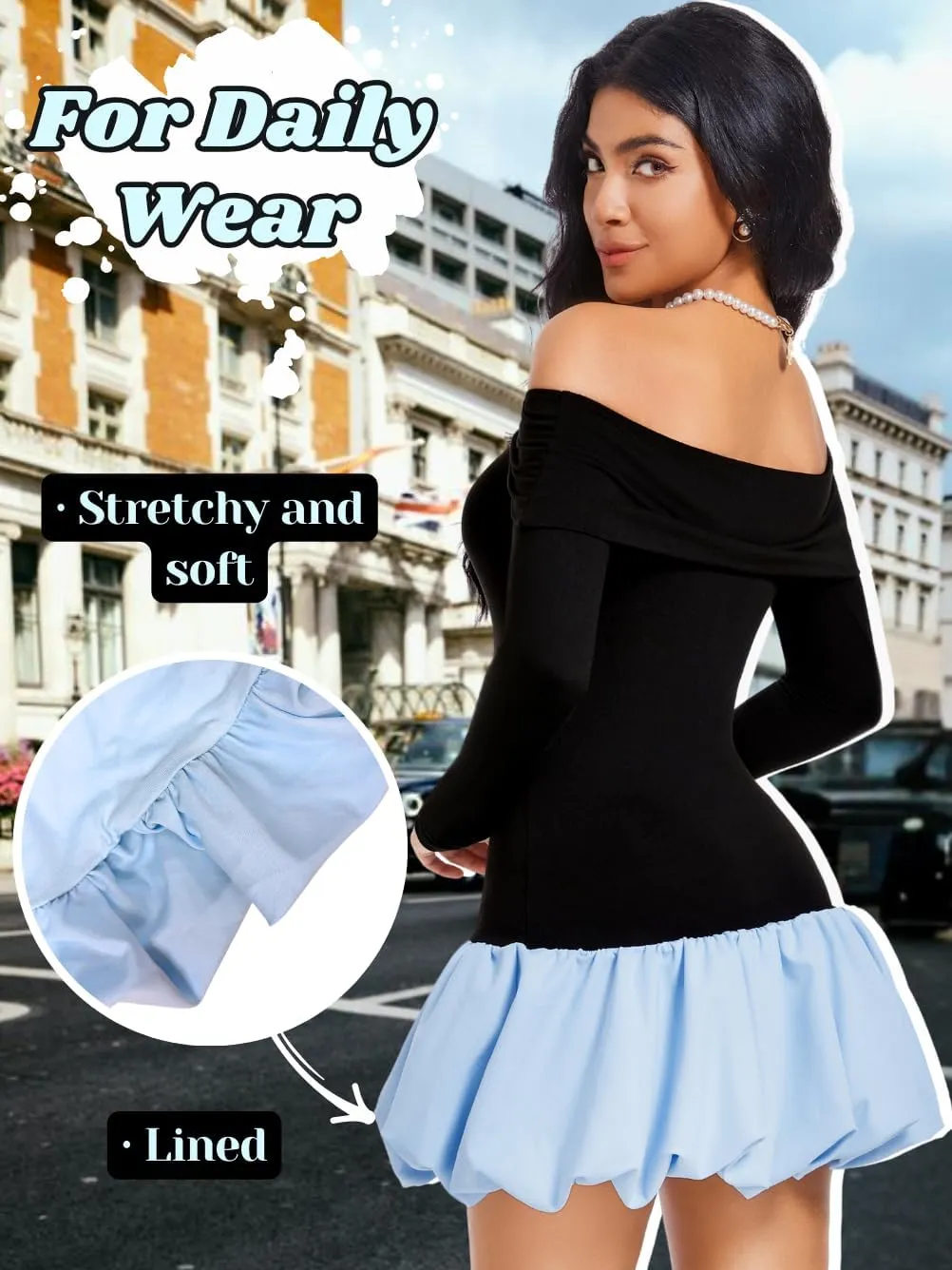 Drop Waist Bubble Dress, Off Shoulder Mini Dresses for Women, Going Out Date Night, Homecoming Party Long Sleeve