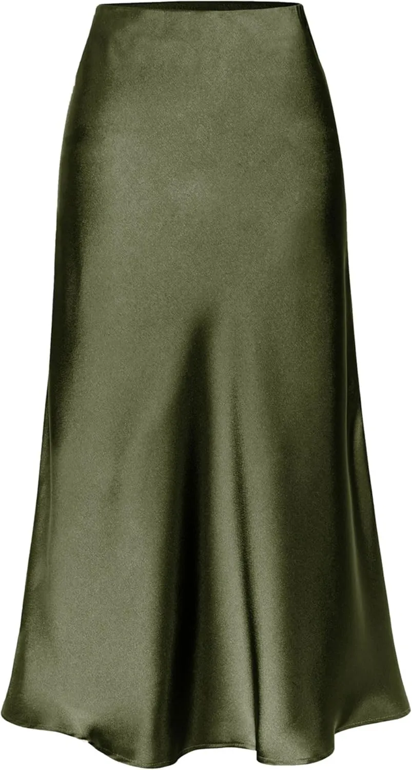 Ezcosplay Women Satin Midi Skirt High Elastic Waisted Satin Slip Skirts Casual Silk Skirt with Slit