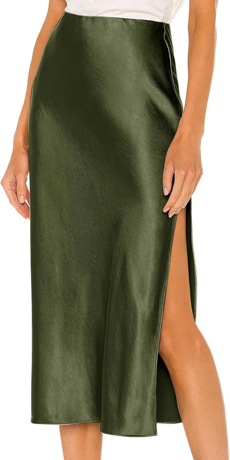 Ezcosplay Women Satin Midi Skirt High Elastic Waisted Satin Slip Skirts Casual Silk Skirt with Slit