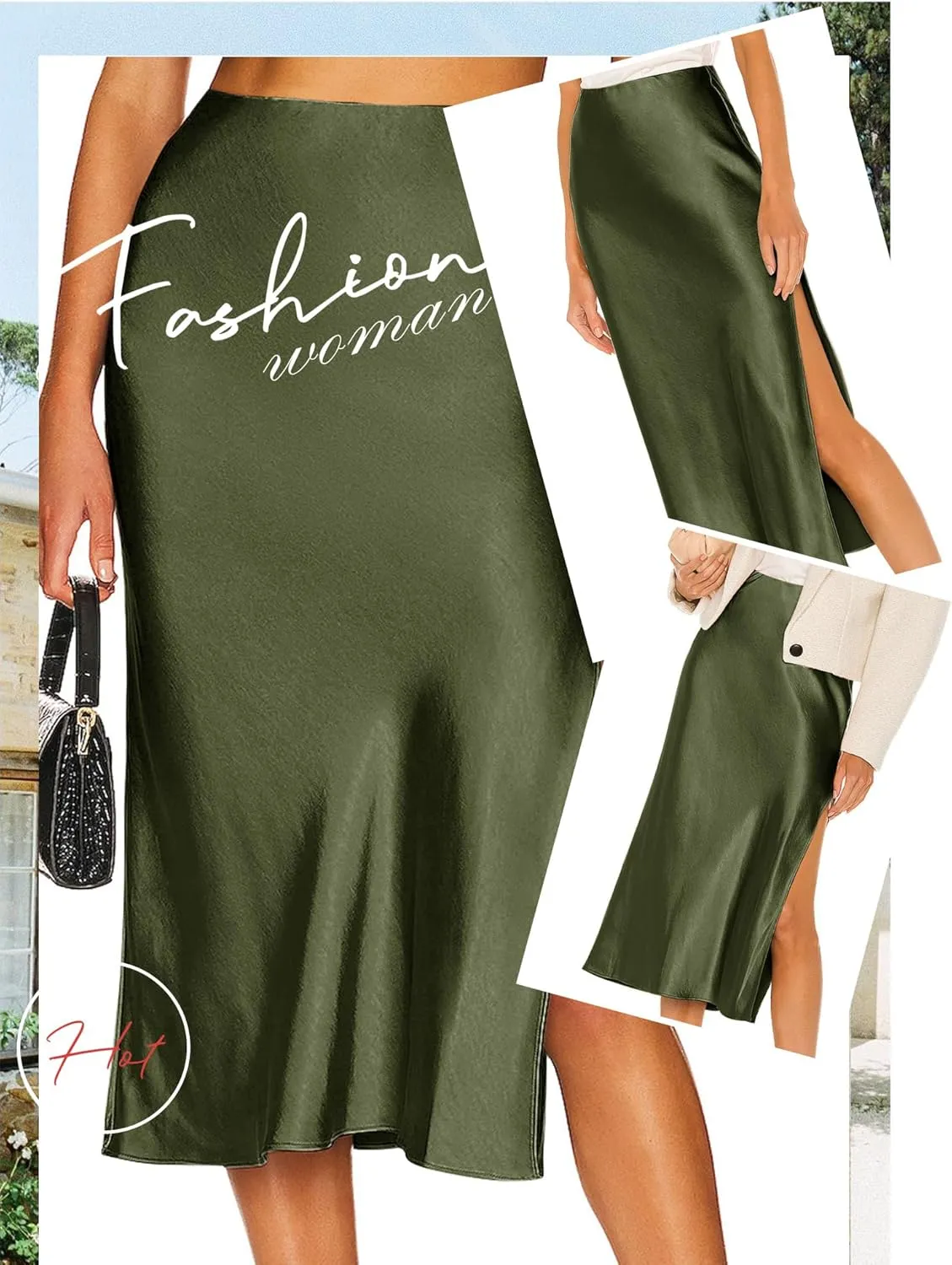 Ezcosplay Women Satin Midi Skirt High Elastic Waisted Satin Slip Skirts Casual Silk Skirt with Slit