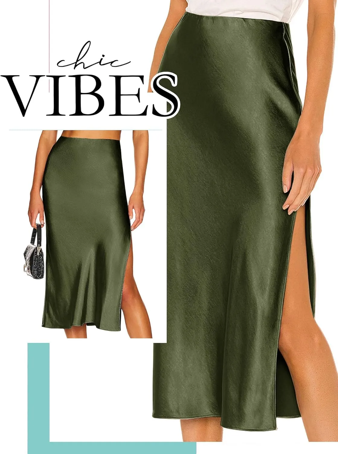 Ezcosplay Women Satin Midi Skirt High Elastic Waisted Satin Slip Skirts Casual Silk Skirt with Slit