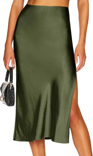 Ezcosplay Women Satin Midi Skirt High Elastic Waisted Satin Slip Skirts Casual Silk Skirt with Slit
