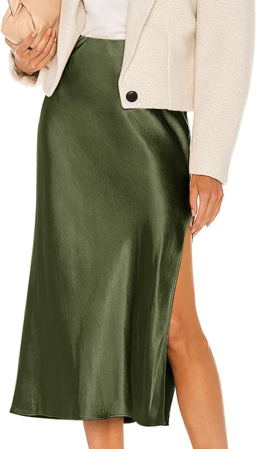 Ezcosplay Women Satin Midi Skirt High Elastic Waisted Satin Slip Skirts Casual Silk Skirt with Slit