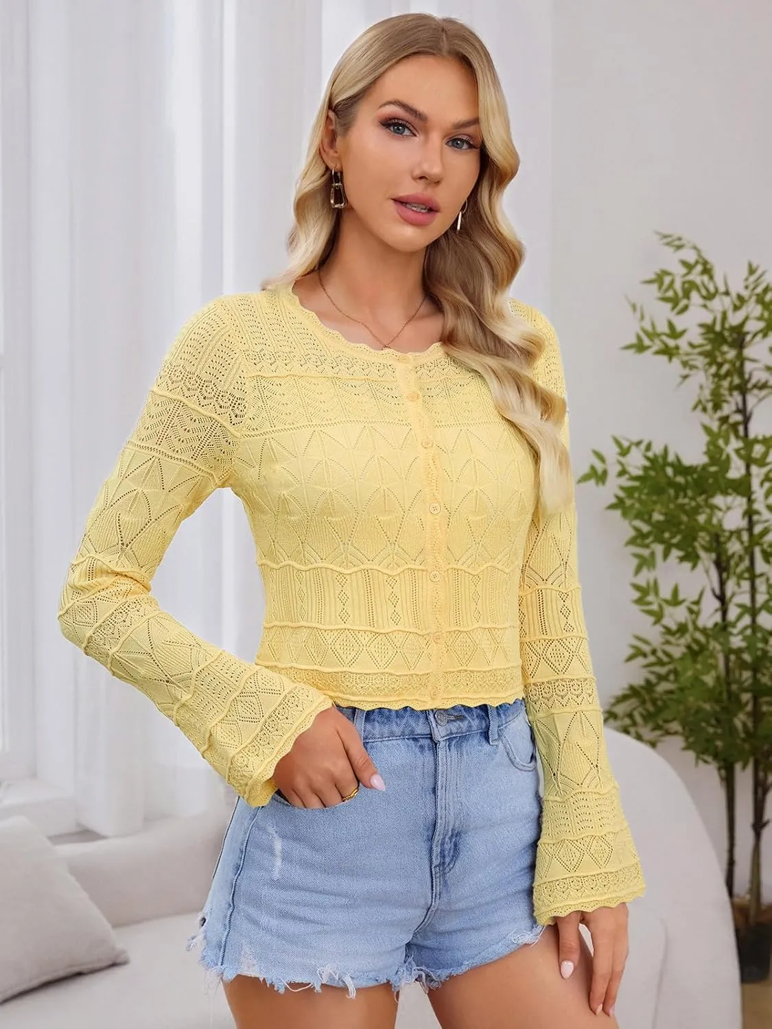 FAIRY SEASON Women's Cropped Cardigan Sweater Bell Long Sleeve Lightweight Crochet Button Down Casual Knit Bolero Shrugs 2025
