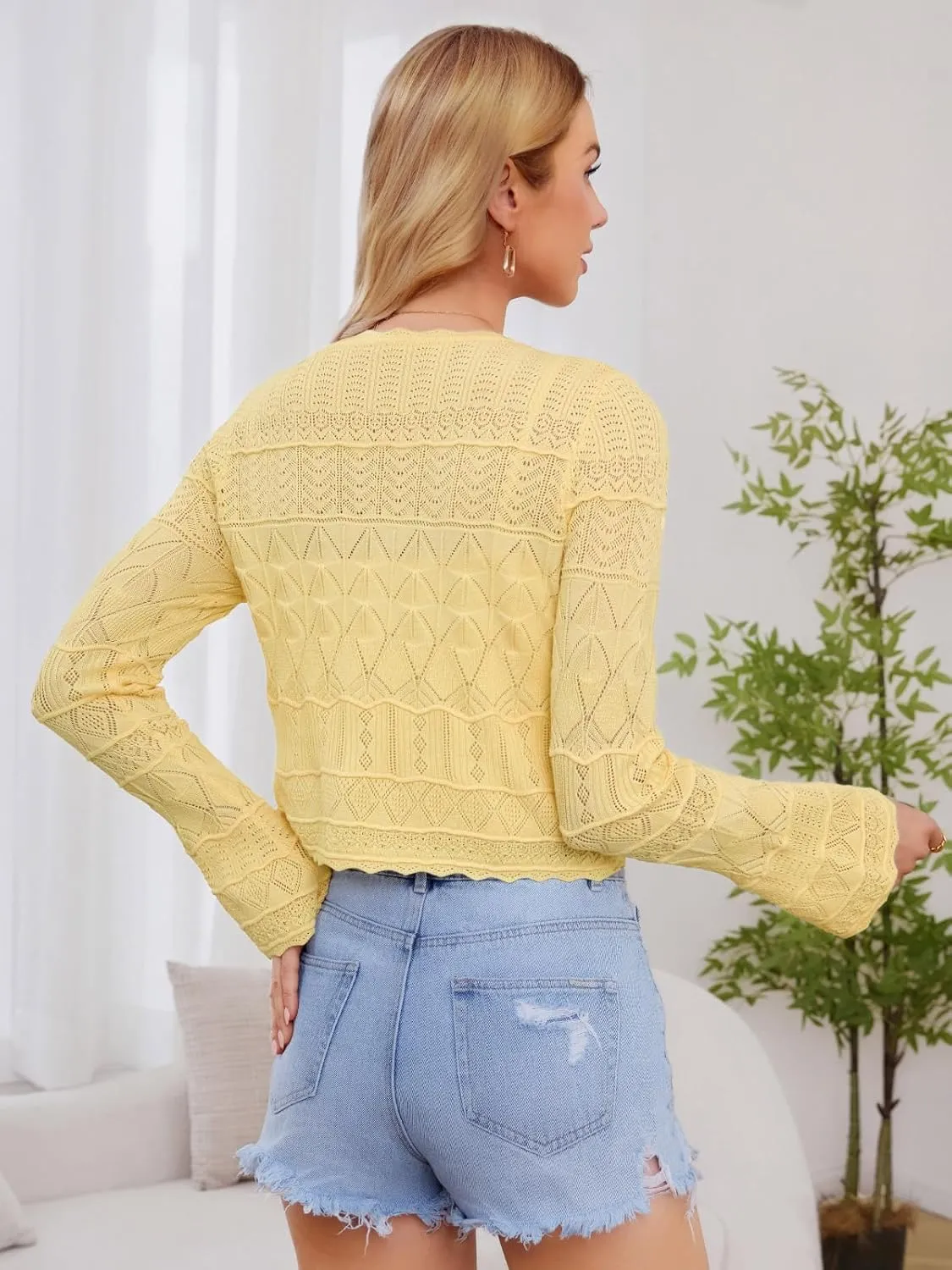 FAIRY SEASON Women's Cropped Cardigan Sweater Bell Long Sleeve Lightweight Crochet Button Down Casual Knit Bolero Shrugs 2025
