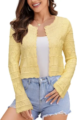 FAIRY SEASON Women's Cropped Cardigan Sweater Bell Long Sleeve Lightweight Crochet Button Down Casual Knit Bolero Shrugs 2025