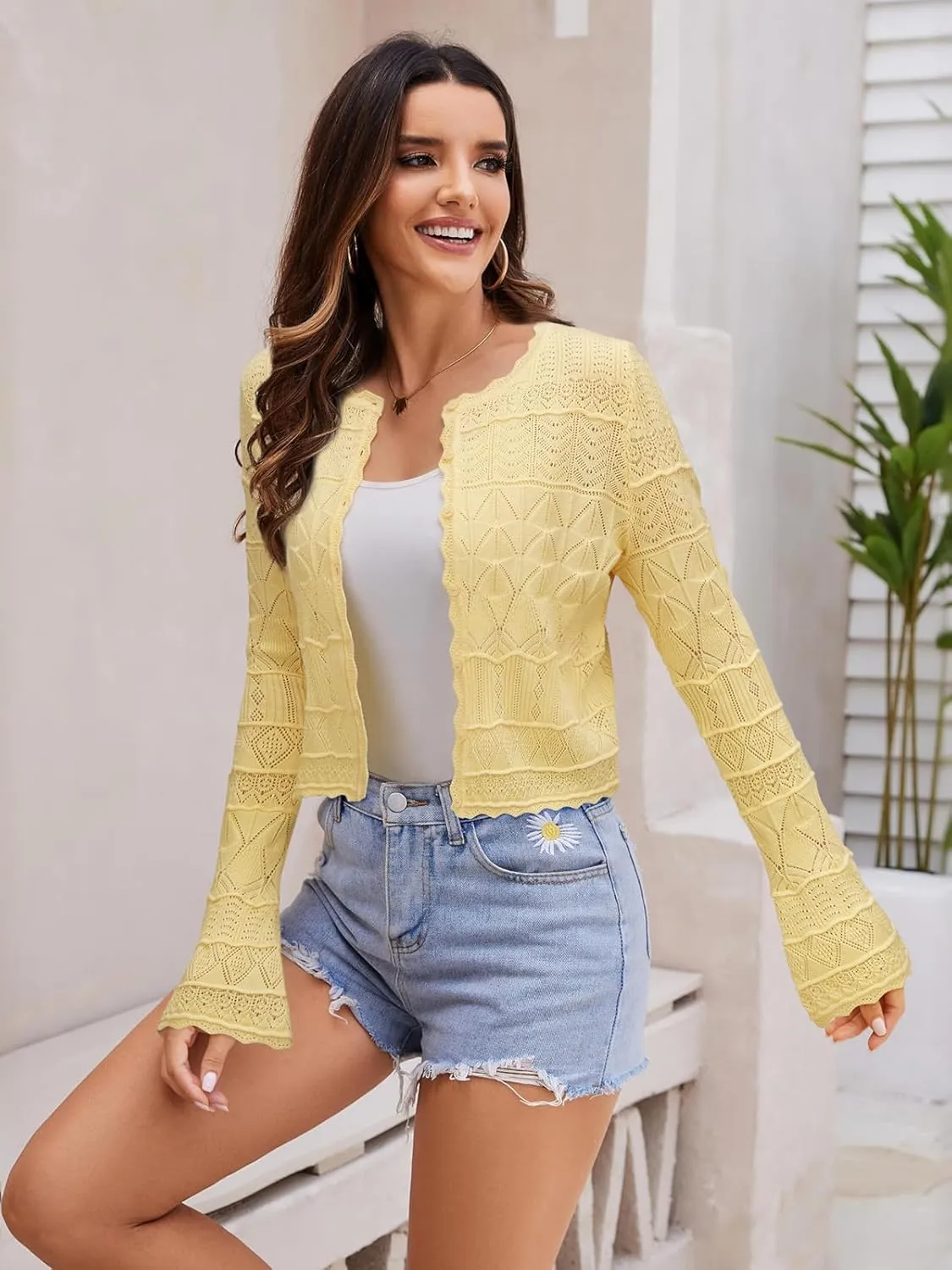 FAIRY SEASON Women's Cropped Cardigan Sweater Bell Long Sleeve Lightweight Crochet Button Down Casual Knit Bolero Shrugs 2025