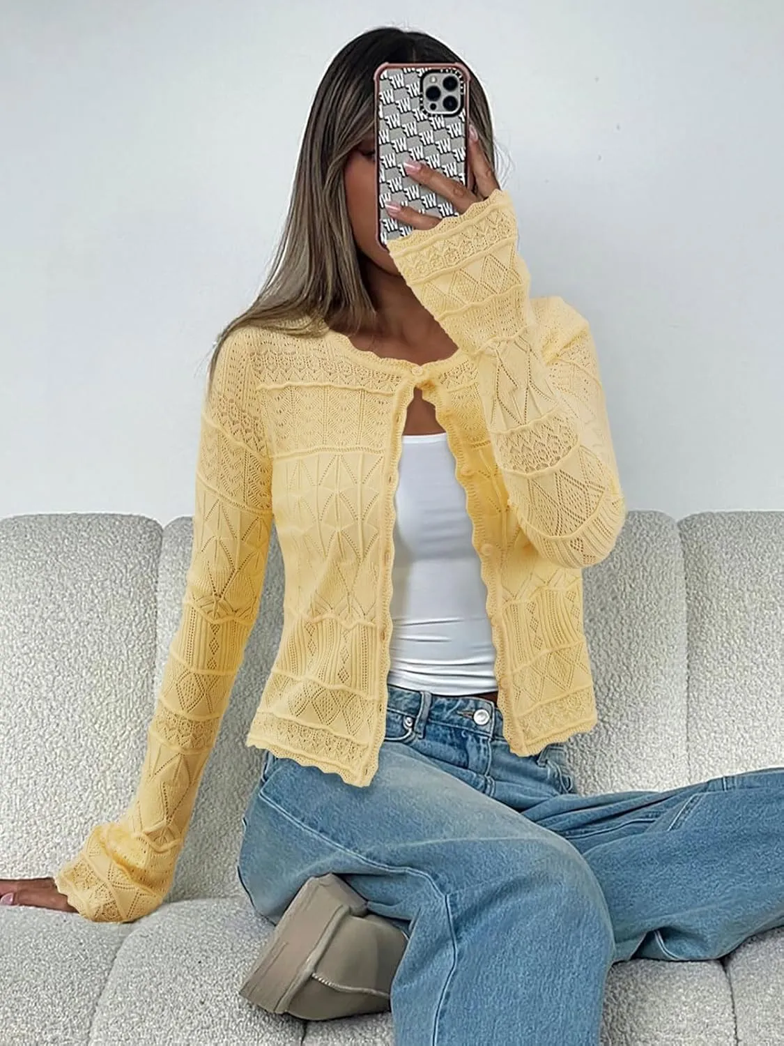 FAIRY SEASON Women's Cropped Cardigan Sweater Bell Long Sleeve Lightweight Crochet Button Down Casual Knit Bolero Shrugs 2025