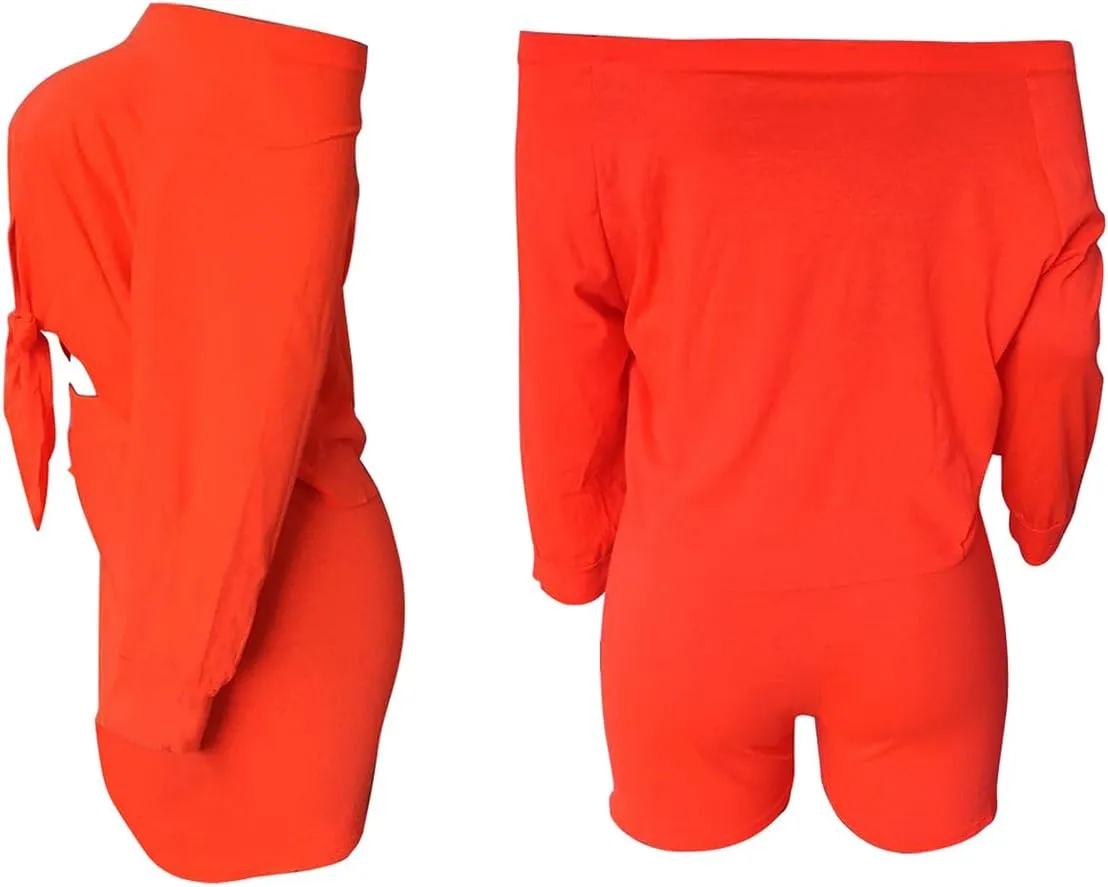FANDEE 2 Piece Outfits for Women 3/4 Sleeve Off Shoulder Summer Tracksuits Tie up Top Biker Short Sets Clubwear