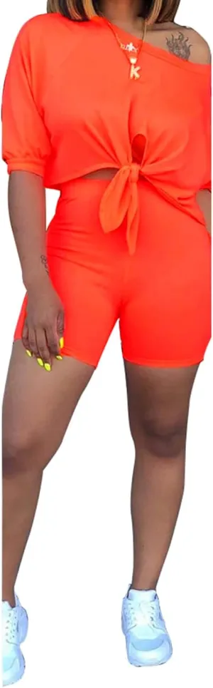 FANDEE 2 Piece Outfits for Women 3/4 Sleeve Off Shoulder Summer Tracksuits Tie up Top Biker Short Sets Clubwear