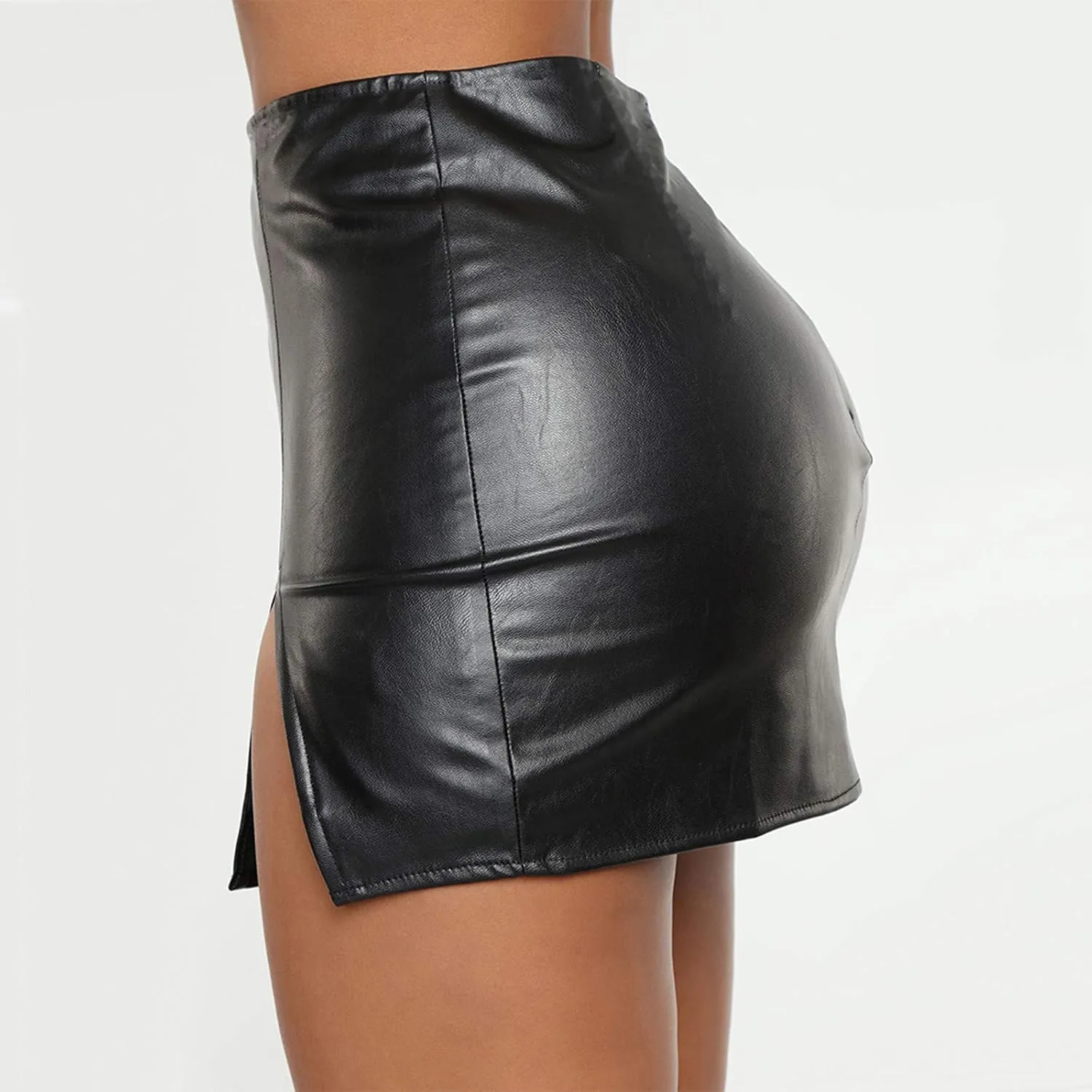 Faux Leather Skirt for Women's Elegant Stretch Skirts Side Split Slit Zipper High Waist Mini Short Skirt