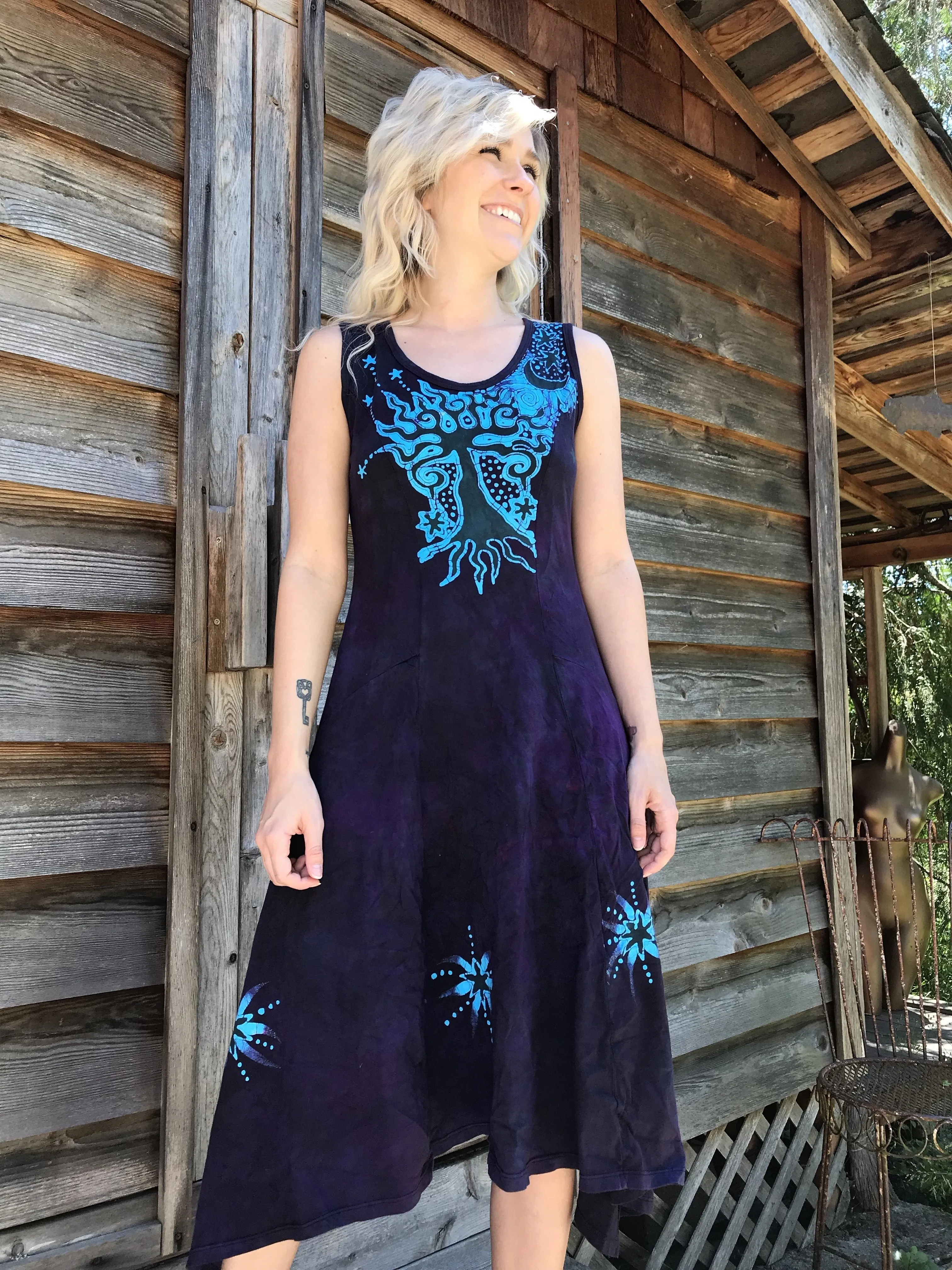 Forest Pansy Purple Boho Batik Dress - Size Large ONLY