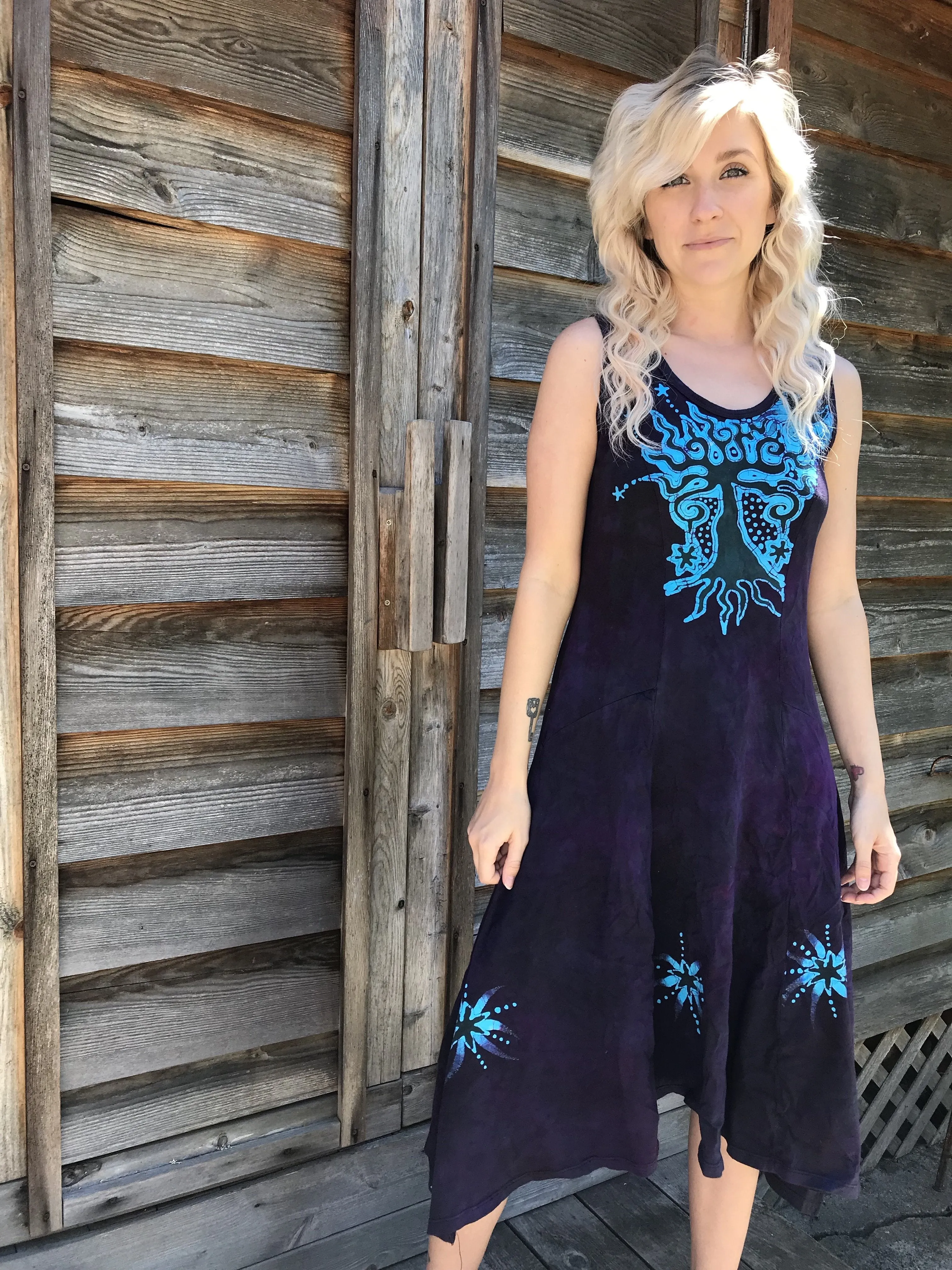 Forest Pansy Purple Boho Batik Dress - Size Large ONLY