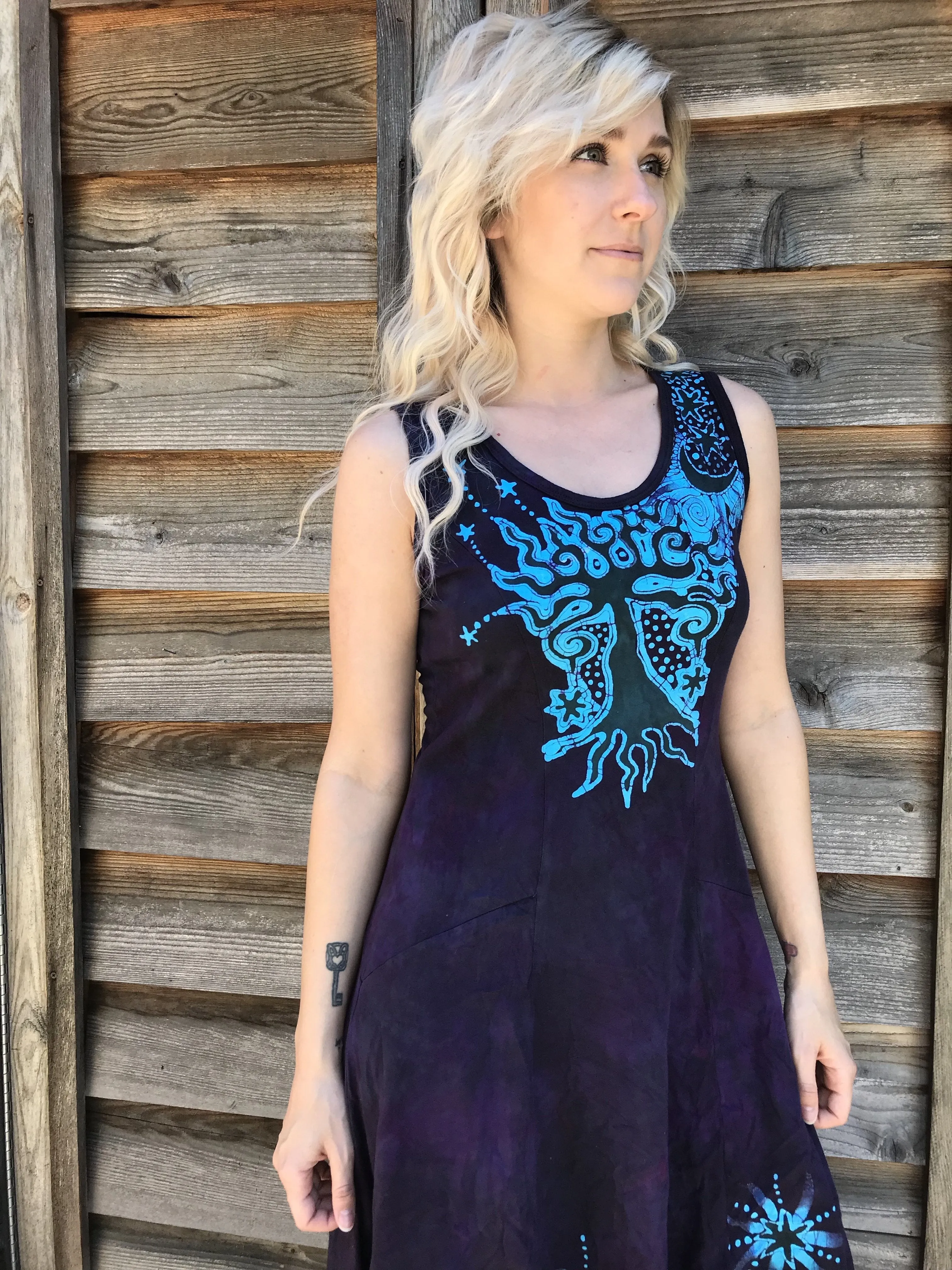 Forest Pansy Purple Boho Batik Dress - Size Large ONLY