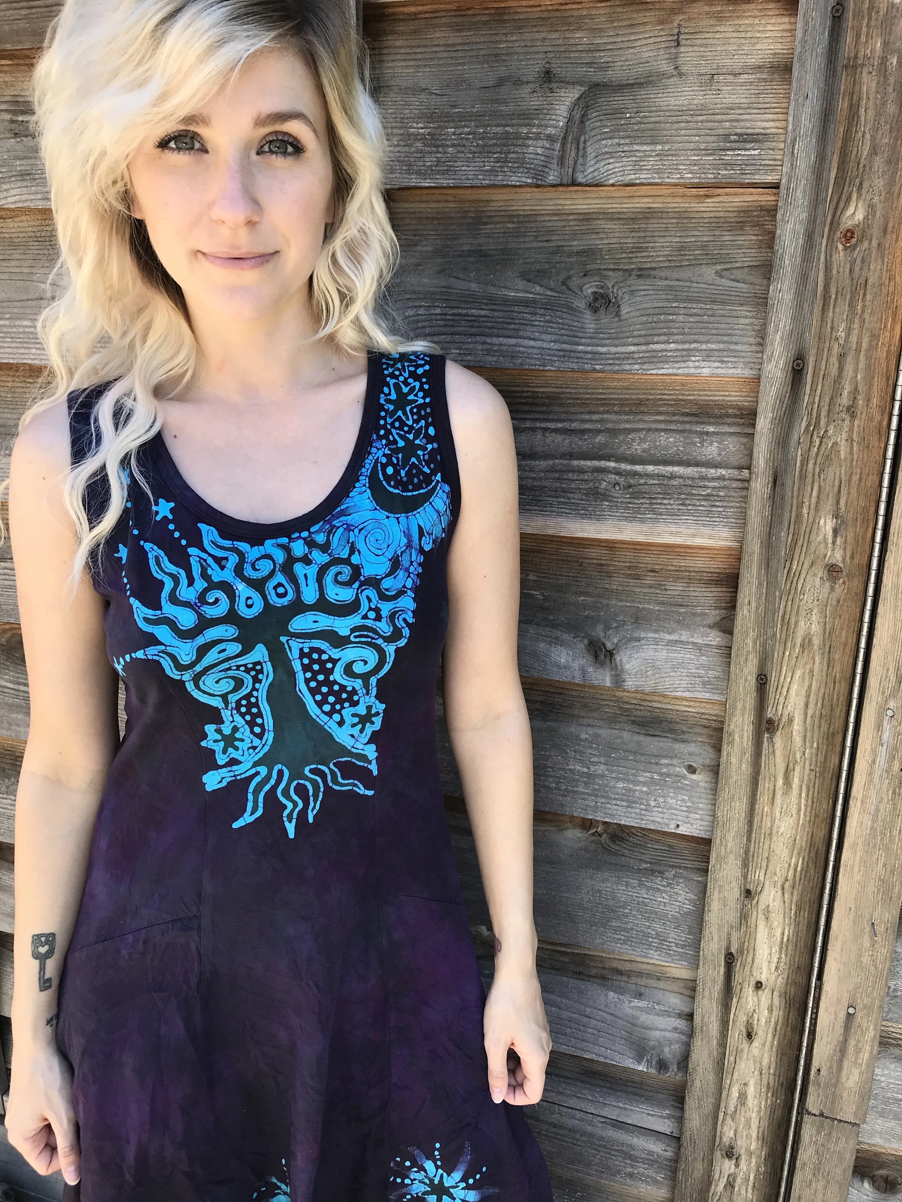 Forest Pansy Purple Boho Batik Dress - Size Large ONLY