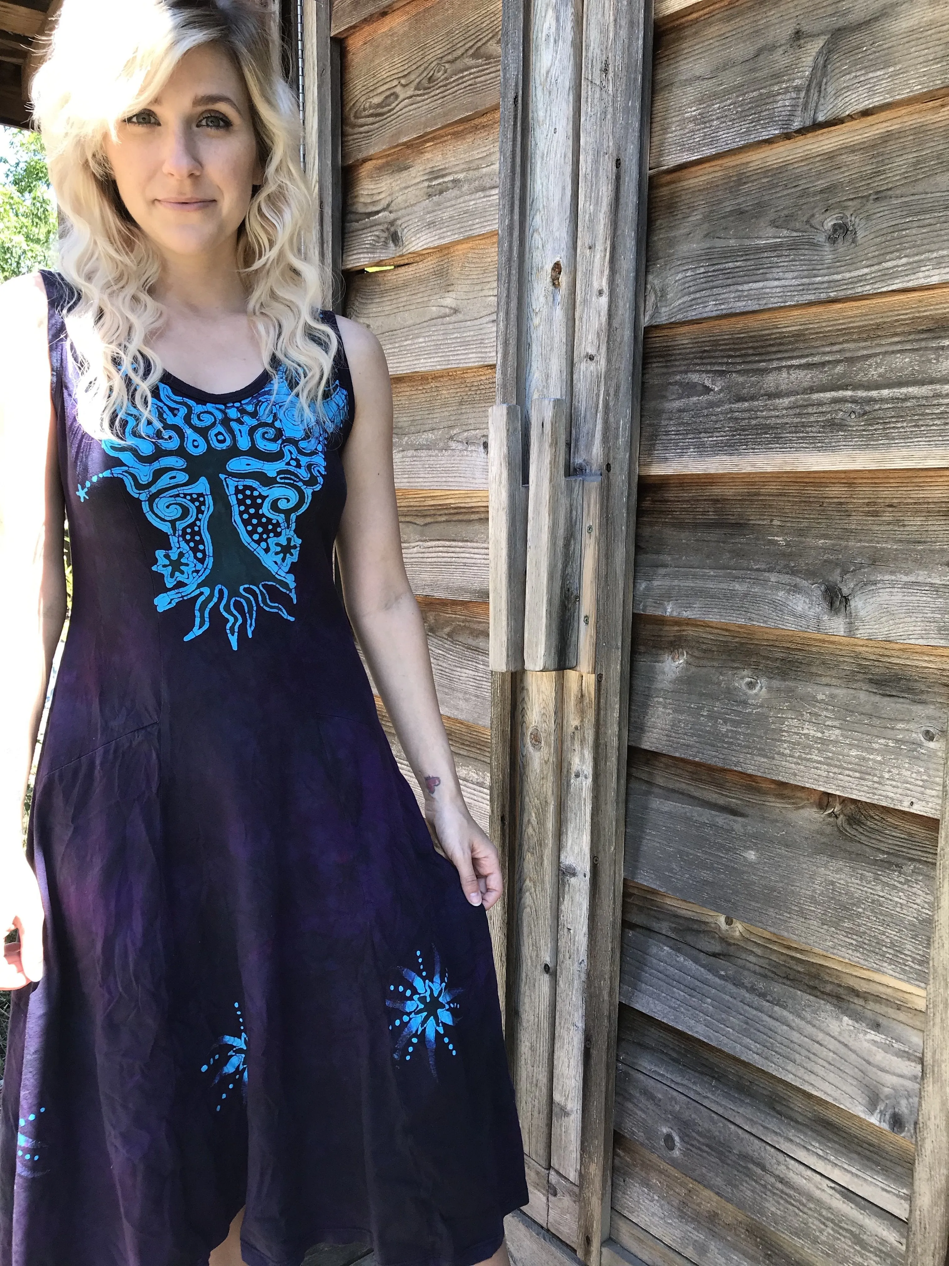 Forest Pansy Purple Boho Batik Dress - Size Large ONLY