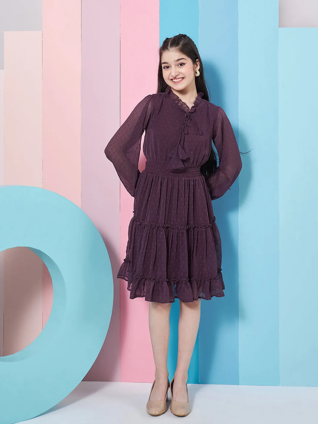 Girls V-Neck Long Sleeves Chiffon Fit Flare Dress - PS Peaches