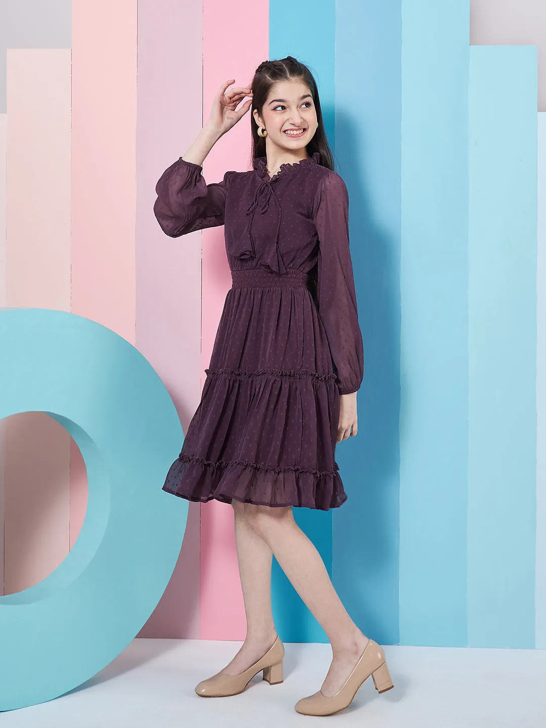 Girls V-Neck Long Sleeves Chiffon Fit Flare Dress - PS Peaches