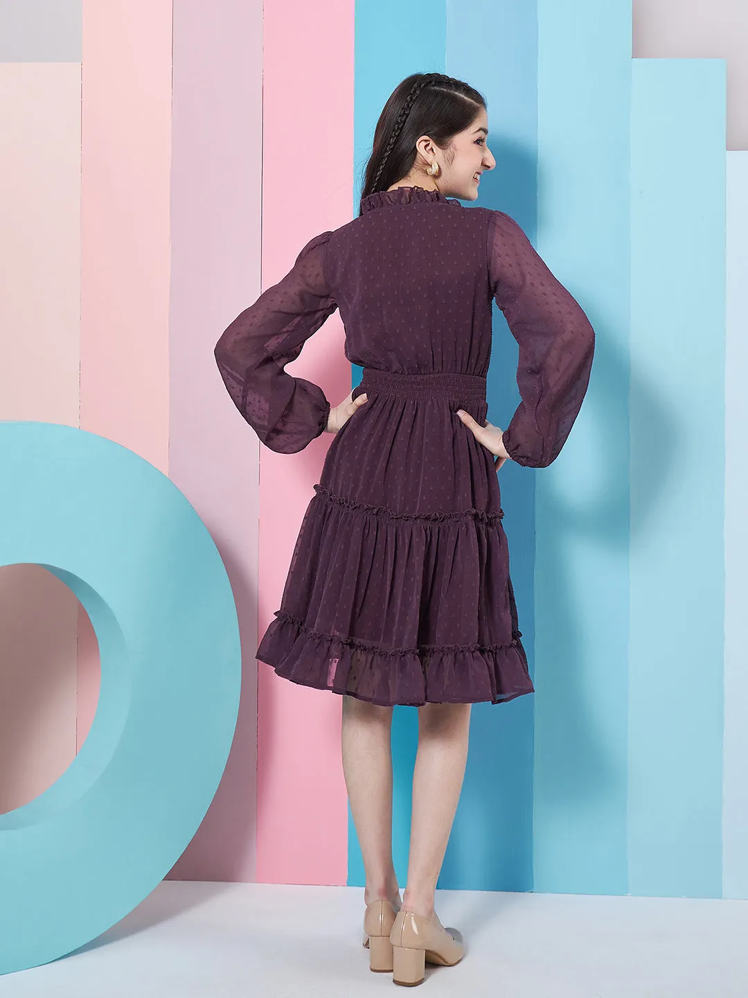 Girls V-Neck Long Sleeves Chiffon Fit Flare Dress - PS Peaches