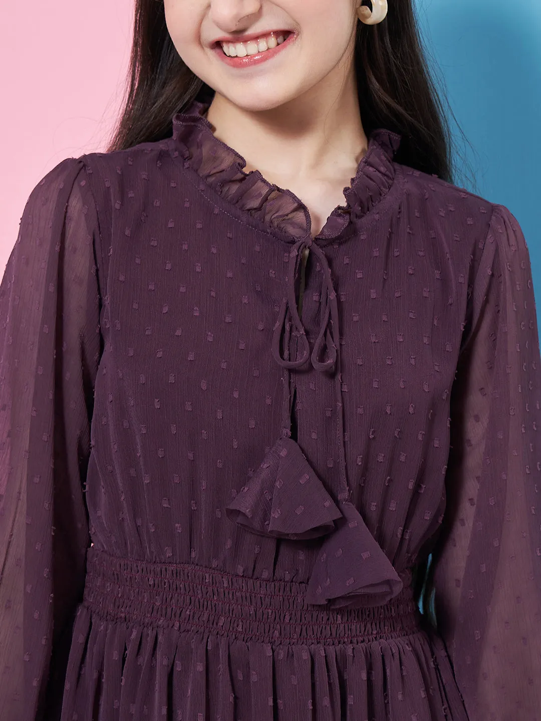 Girls V-Neck Long Sleeves Chiffon Fit Flare Dress - PS Peaches