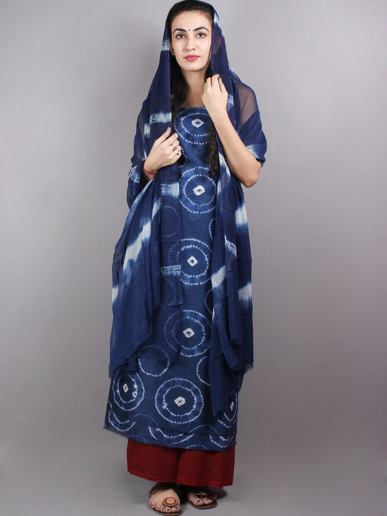 Indigo White Hand Block Printed Chanderi Unstitched Kurta & Shiffon Dupatta With Maroon Cotton Salwar - S1628014