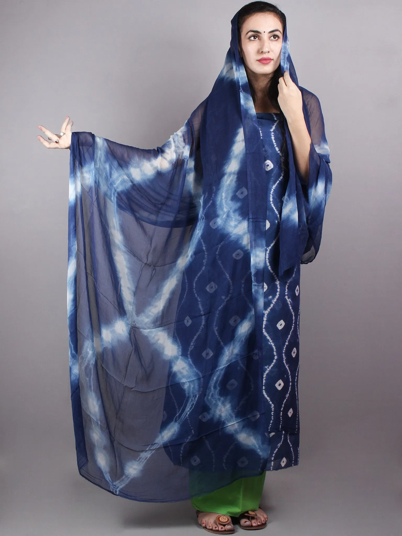 Indigo White Hand Block Printed Chanderi Unstitched Kurta & Shiffon Dupatta With Mint Green Cotton Salwar - S1628023