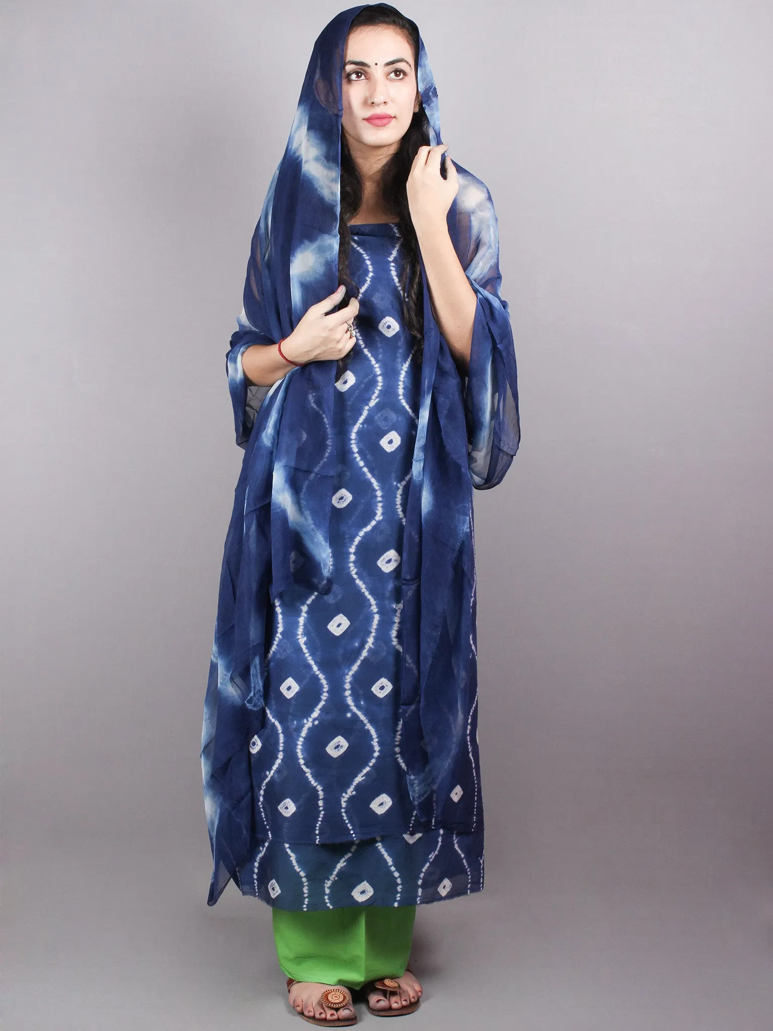 Indigo White Hand Block Printed Chanderi Unstitched Kurta & Shiffon Dupatta With Mint Green Cotton Salwar - S1628023