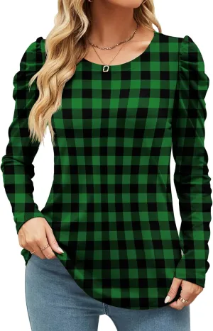 Ivicoer Women's Puff Sleeve Crew Neck Tunic Tops Casual Cute Loose Fit T Shirts Soft Work Floral Print Blouses S-XXL