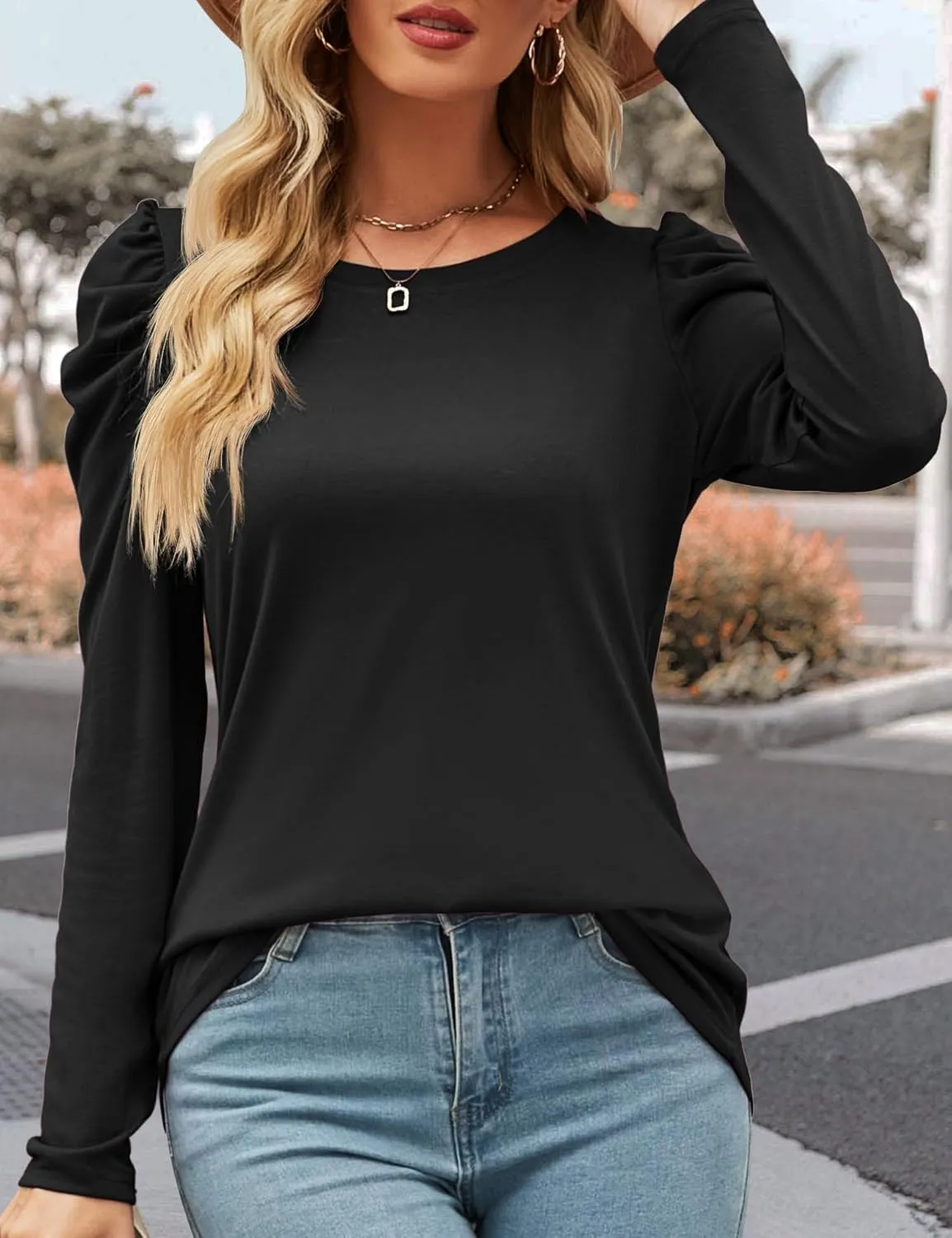 Ivicoer Women's Puff Sleeve Crew Neck Tunic Tops Casual Cute Loose Fit T Shirts Soft Work Floral Print Blouses S-XXL