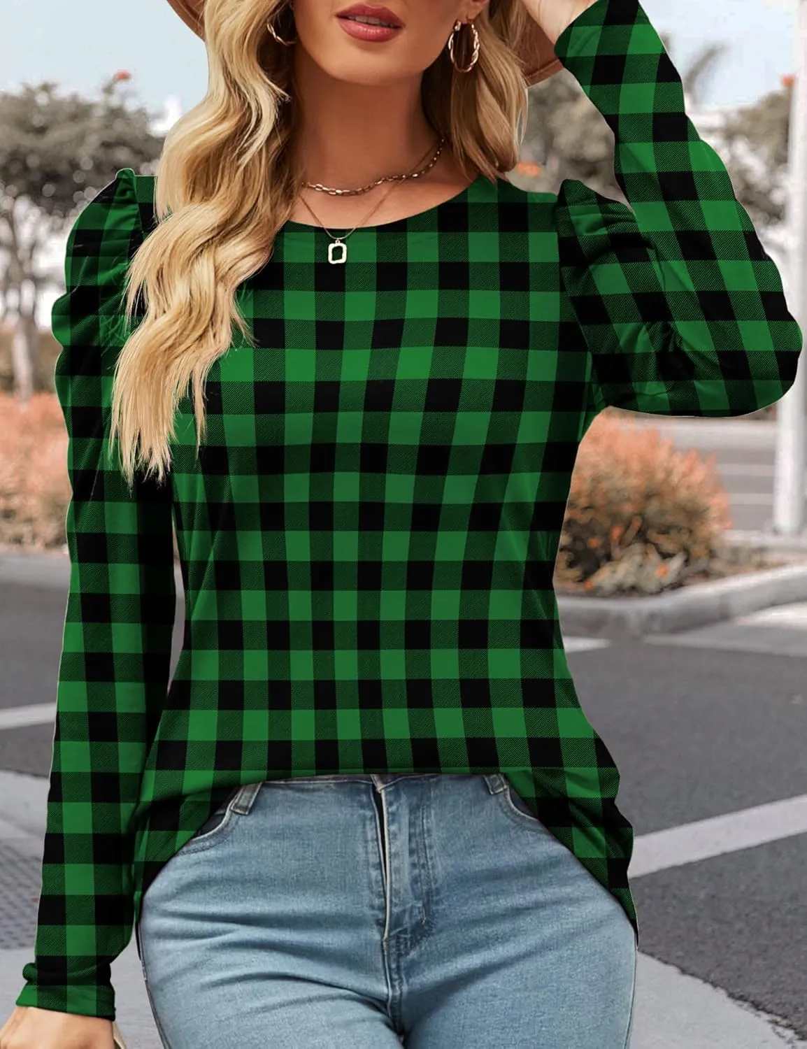 Ivicoer Women's Puff Sleeve Crew Neck Tunic Tops Casual Cute Loose Fit T Shirts Soft Work Floral Print Blouses S-XXL