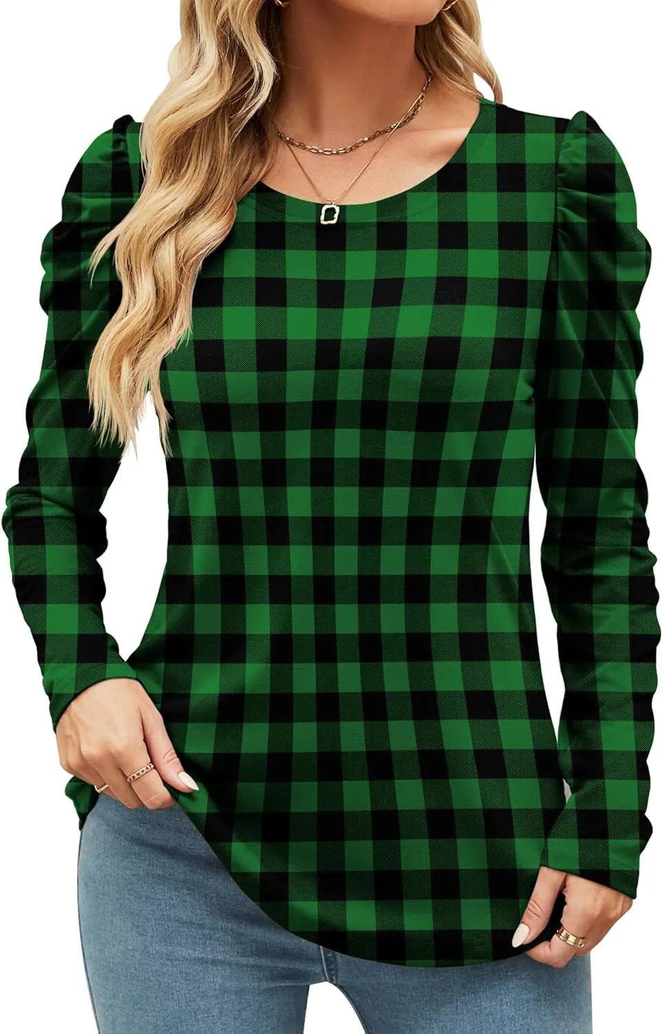 Ivicoer Women's Puff Sleeve Crew Neck Tunic Tops Casual Cute Loose Fit T Shirts Soft Work Floral Print Blouses S-XXL