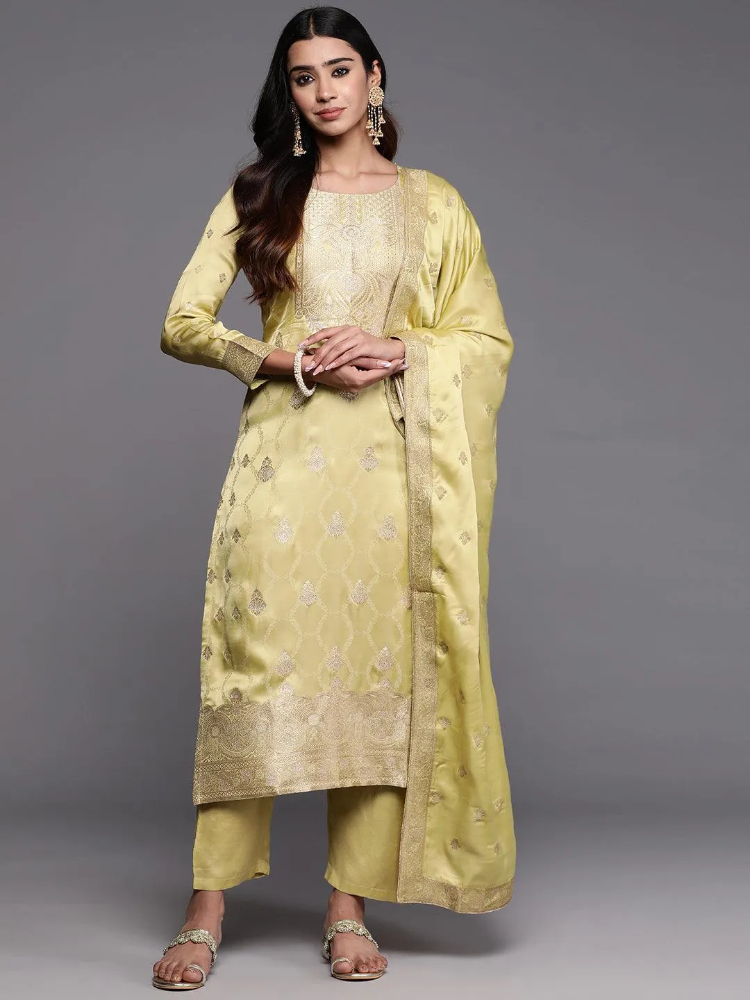Jashvi Art Green Woven Design Silk Straight Suit With Dupatta