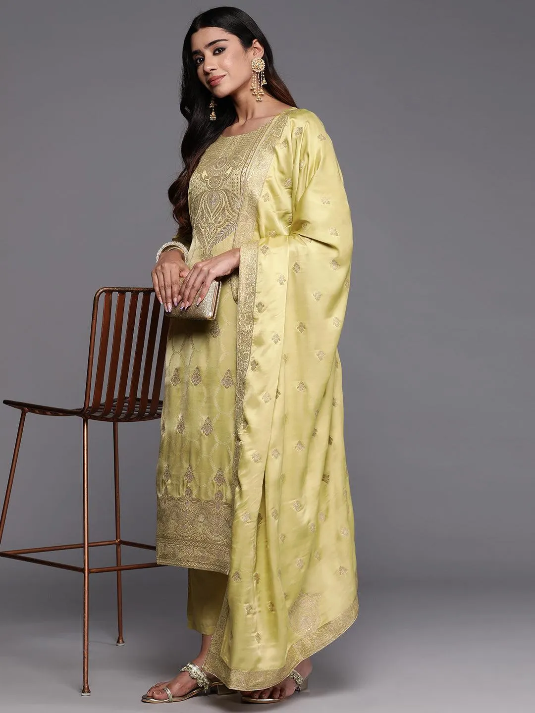 Jashvi Art Green Woven Design Silk Straight Suit With Dupatta