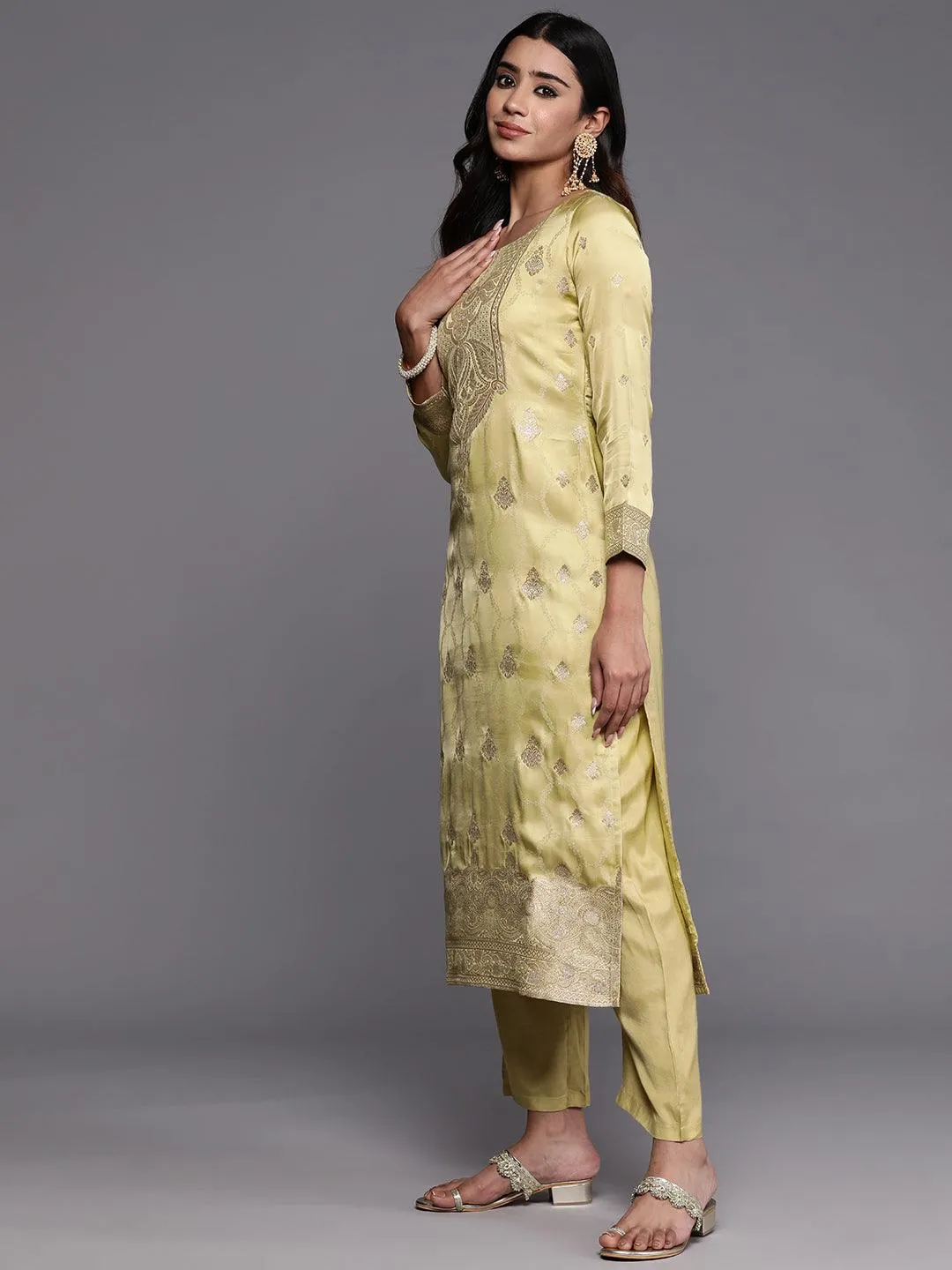 Jashvi Art Green Woven Design Silk Straight Suit With Dupatta