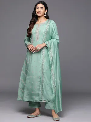 Jashvi Art Sea Green Embroidered Silk Blend A-Line Kurta With Trousers & Dupatta