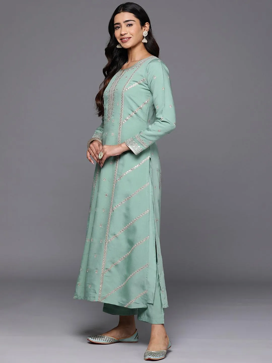 Jashvi Art Sea Green Embroidered Silk Blend A-Line Kurta With Trousers & Dupatta