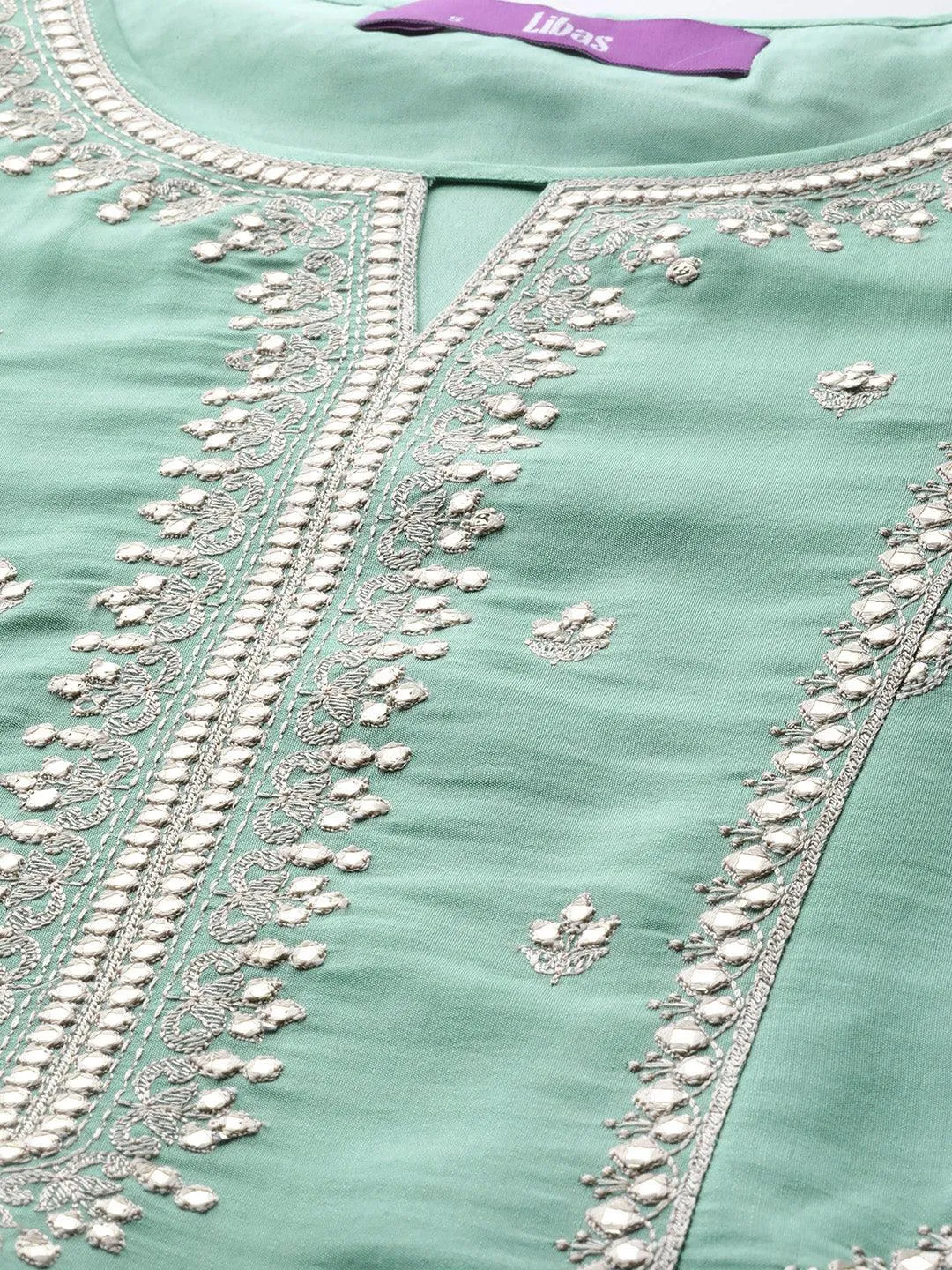 Jashvi Art Sea Green Embroidered Silk Blend A-Line Kurta With Trousers & Dupatta