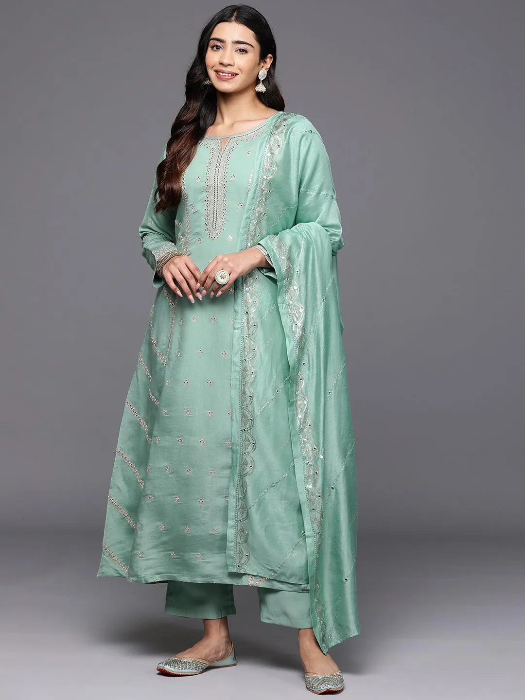 Jashvi Art Sea Green Embroidered Silk Blend A-Line Kurta With Trousers & Dupatta