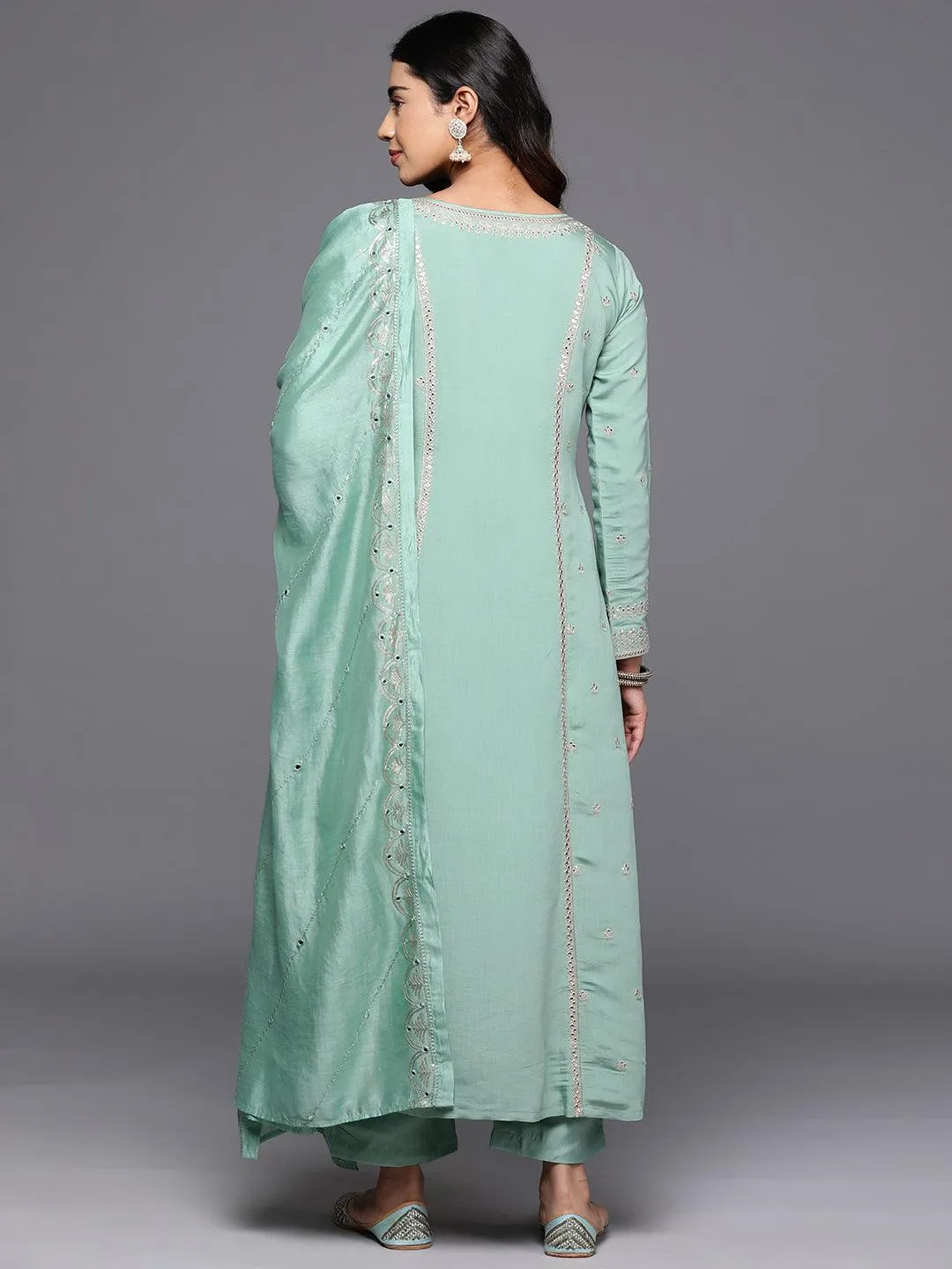 Jashvi Art Sea Green Embroidered Silk Blend A-Line Kurta With Trousers & Dupatta