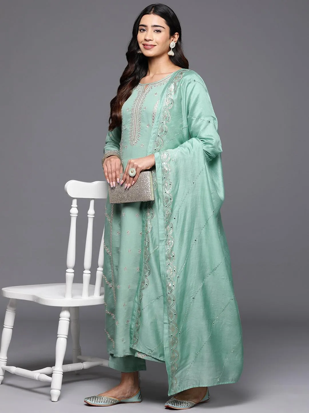 Jashvi Art Sea Green Embroidered Silk Blend A-Line Kurta With Trousers & Dupatta