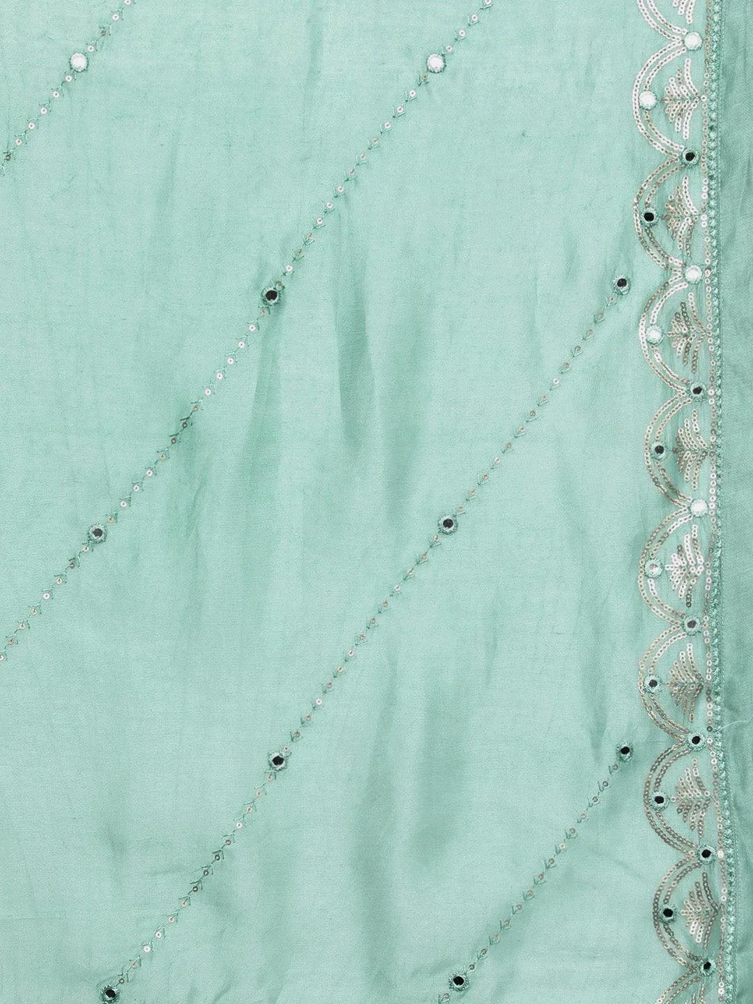 Jashvi Art Sea Green Embroidered Silk Blend A-Line Kurta With Trousers & Dupatta