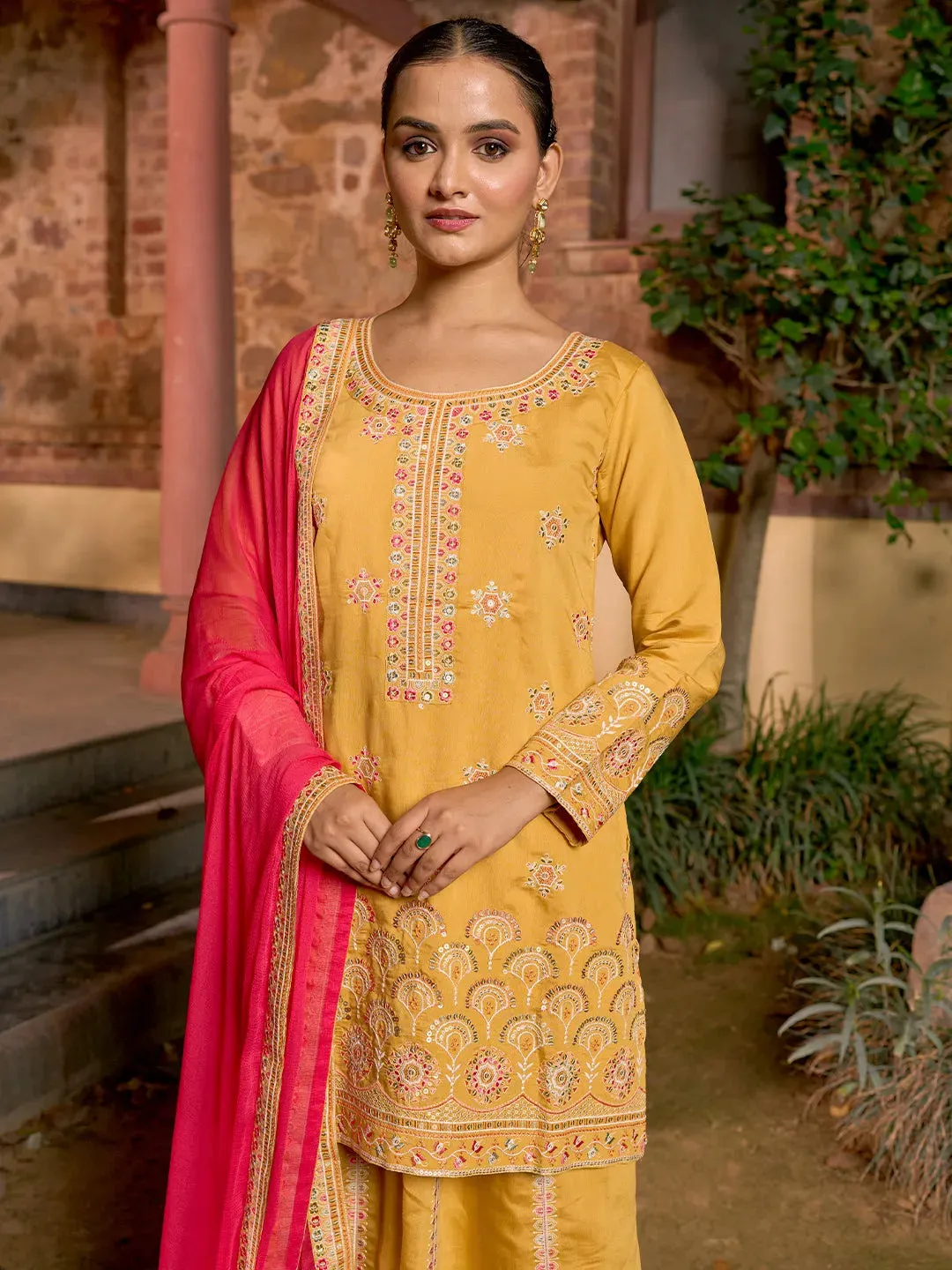 Jashvi Art Yellow Embroidered Silk Blend Straight Suit With Dupatta