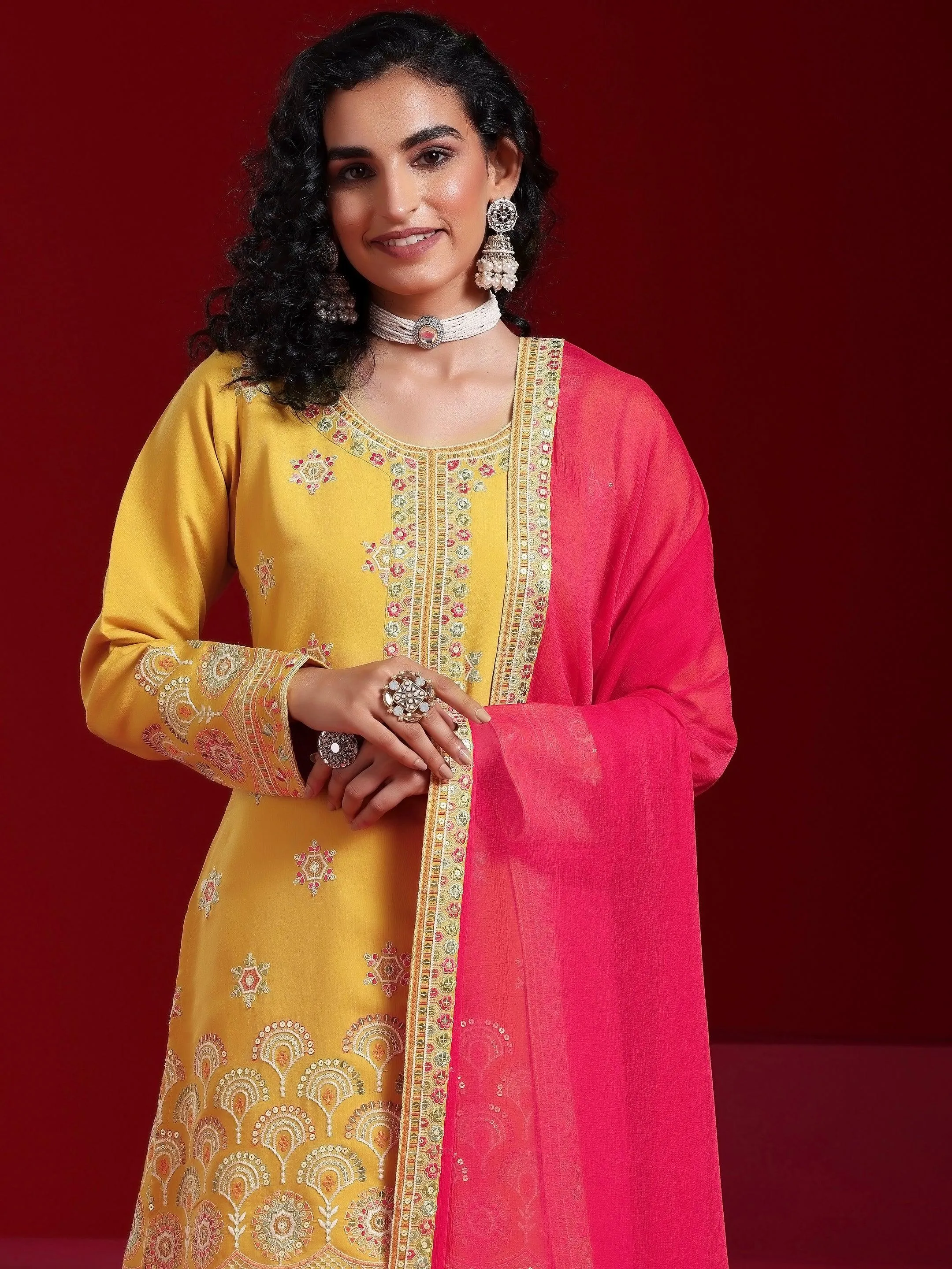 Jashvi Art Yellow Embroidered Silk Blend Straight Suit With Dupatta