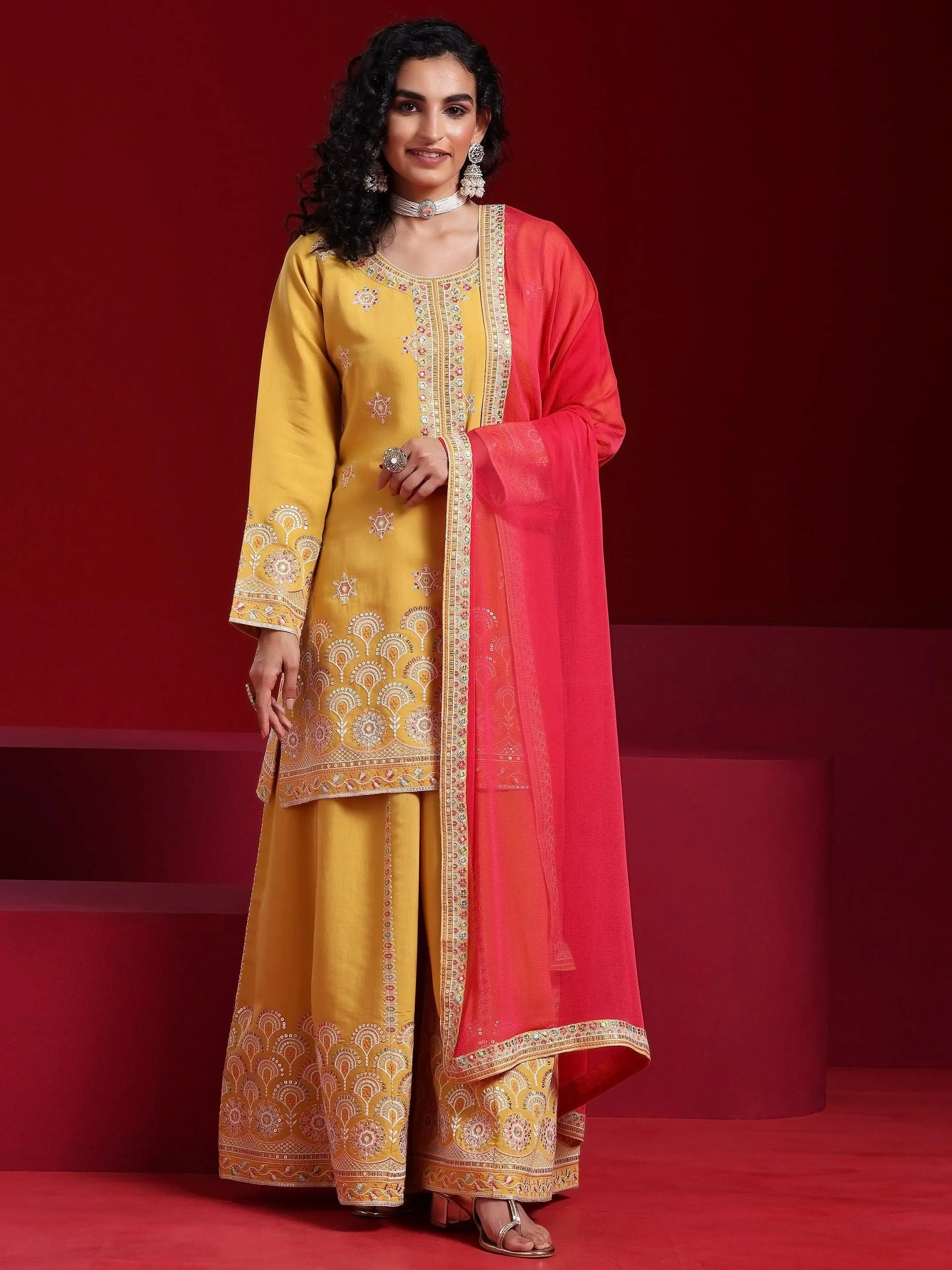 Jashvi Art Yellow Embroidered Silk Blend Straight Suit With Dupatta