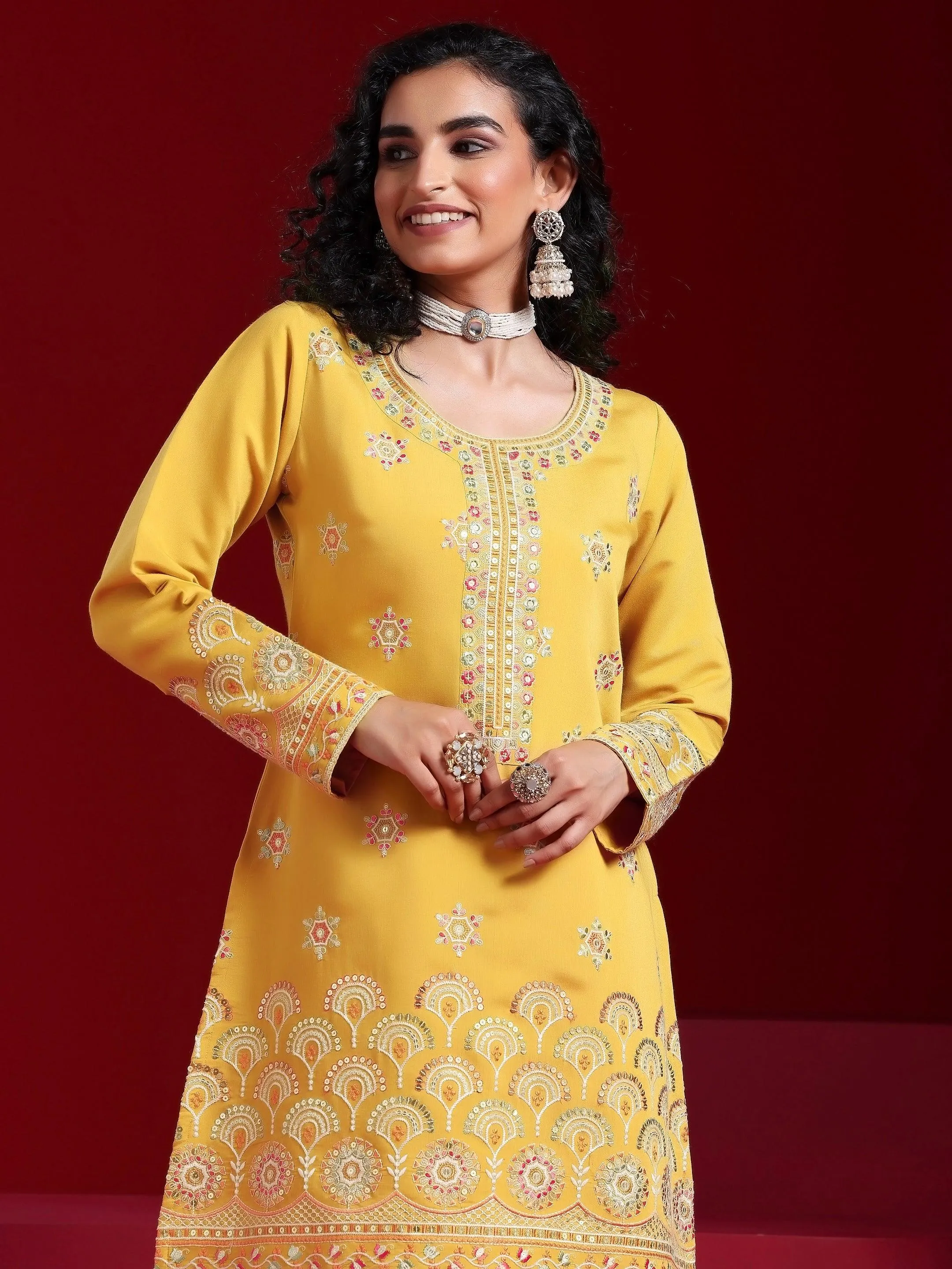 Jashvi Art Yellow Embroidered Silk Blend Straight Suit With Dupatta