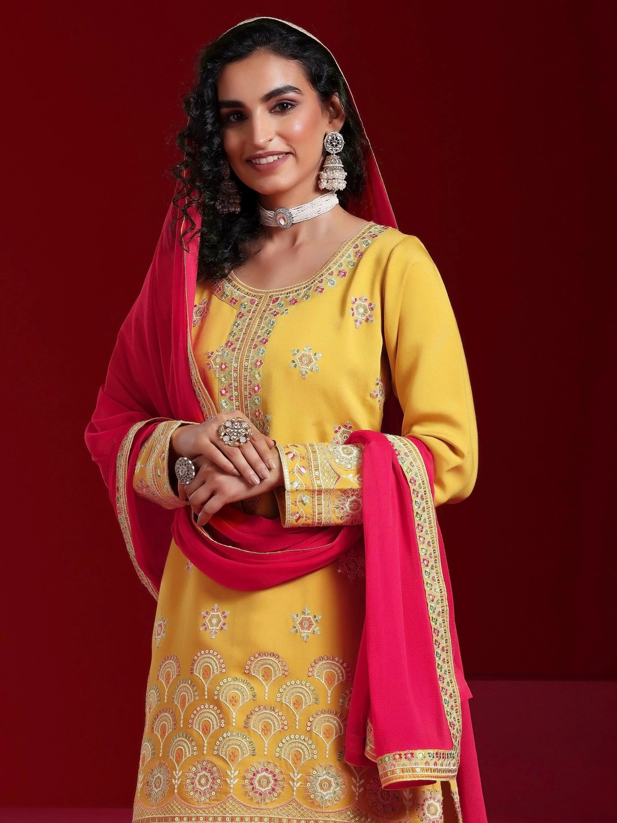 Jashvi Art Yellow Embroidered Silk Blend Straight Suit With Dupatta