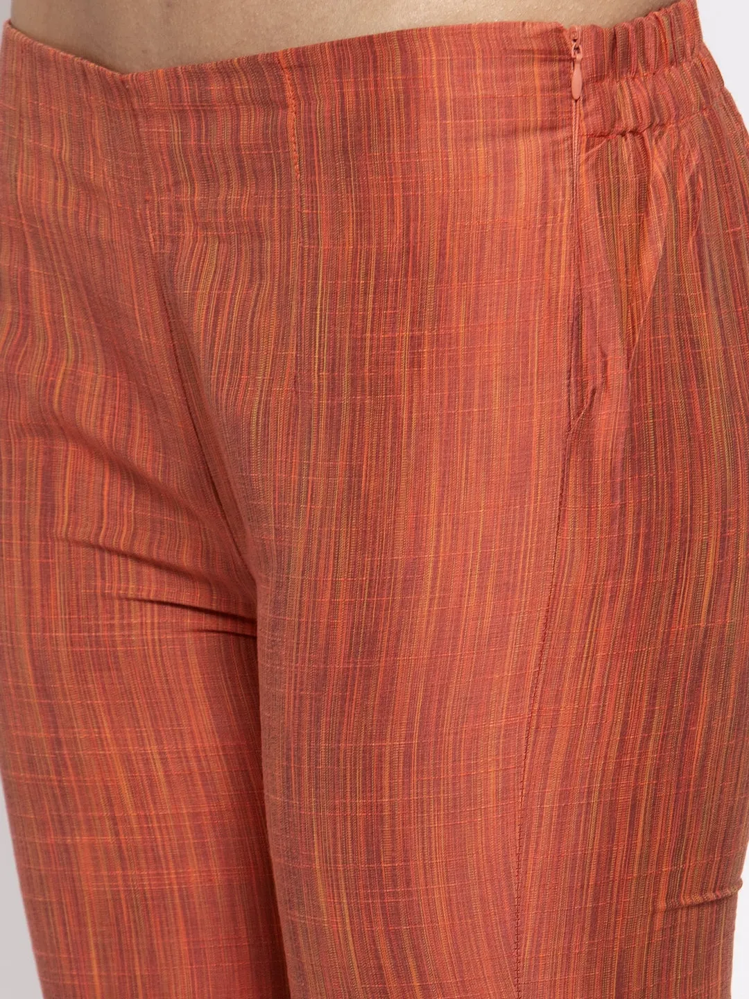Jashvi Women Orange Self-Striped Kurta with Trousers & Georgette Dupatta