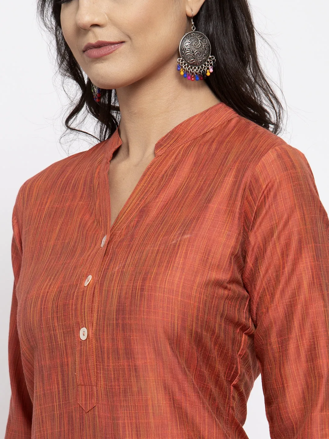 Jashvi Women Orange Self-Striped Kurta with Trousers & Georgette Dupatta