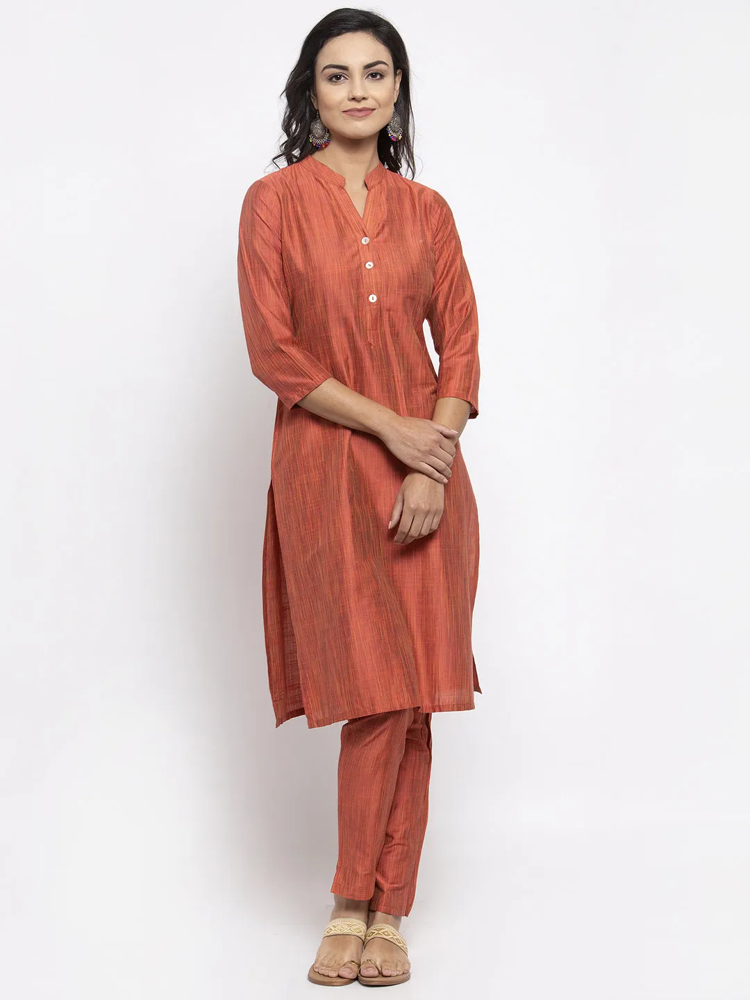 Jashvi Women Orange Self-Striped Kurta with Trousers & Georgette Dupatta
