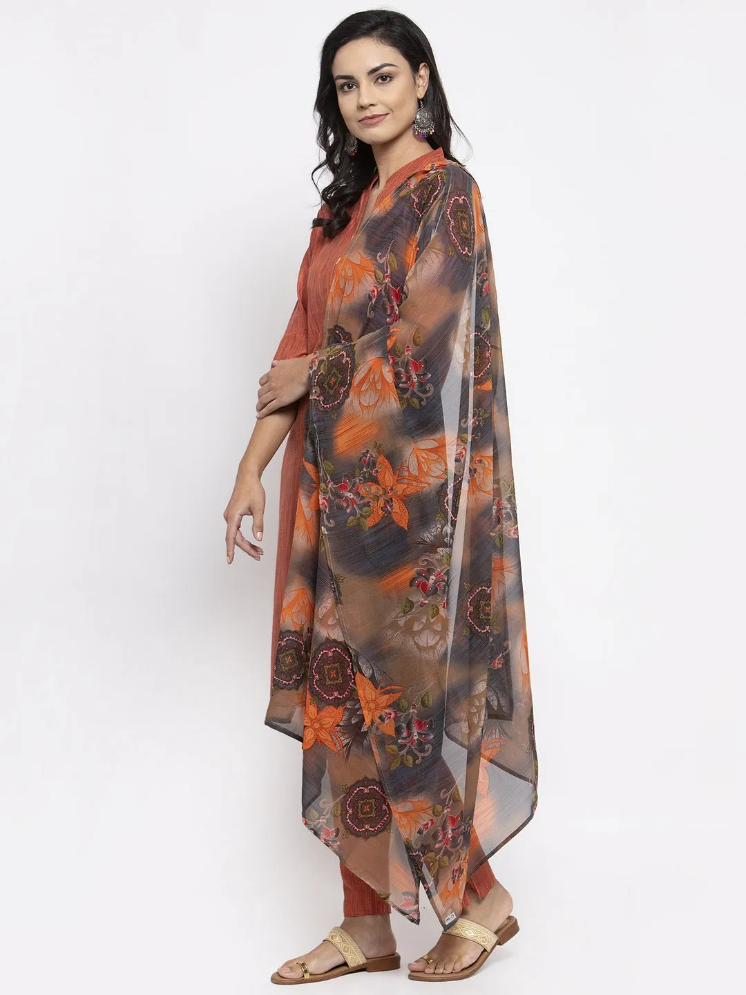 Jashvi Women Orange Self-Striped Kurta with Trousers & Georgette Dupatta
